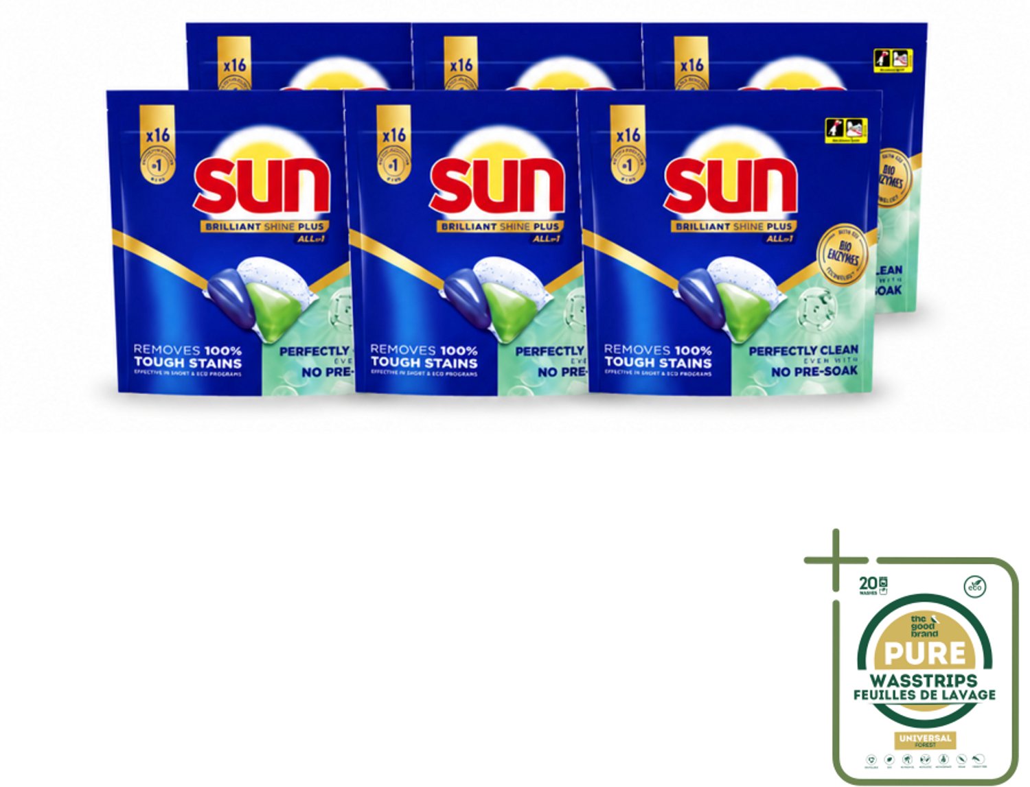 6 x Sun – Vaatwascapsules – Brilliant Shine+ All-in-1 – 16 capsules - Wasstrips - Vaatwasmiddel - Vaatwascapsules - Schone Vaat - Glans - Droge Vaat