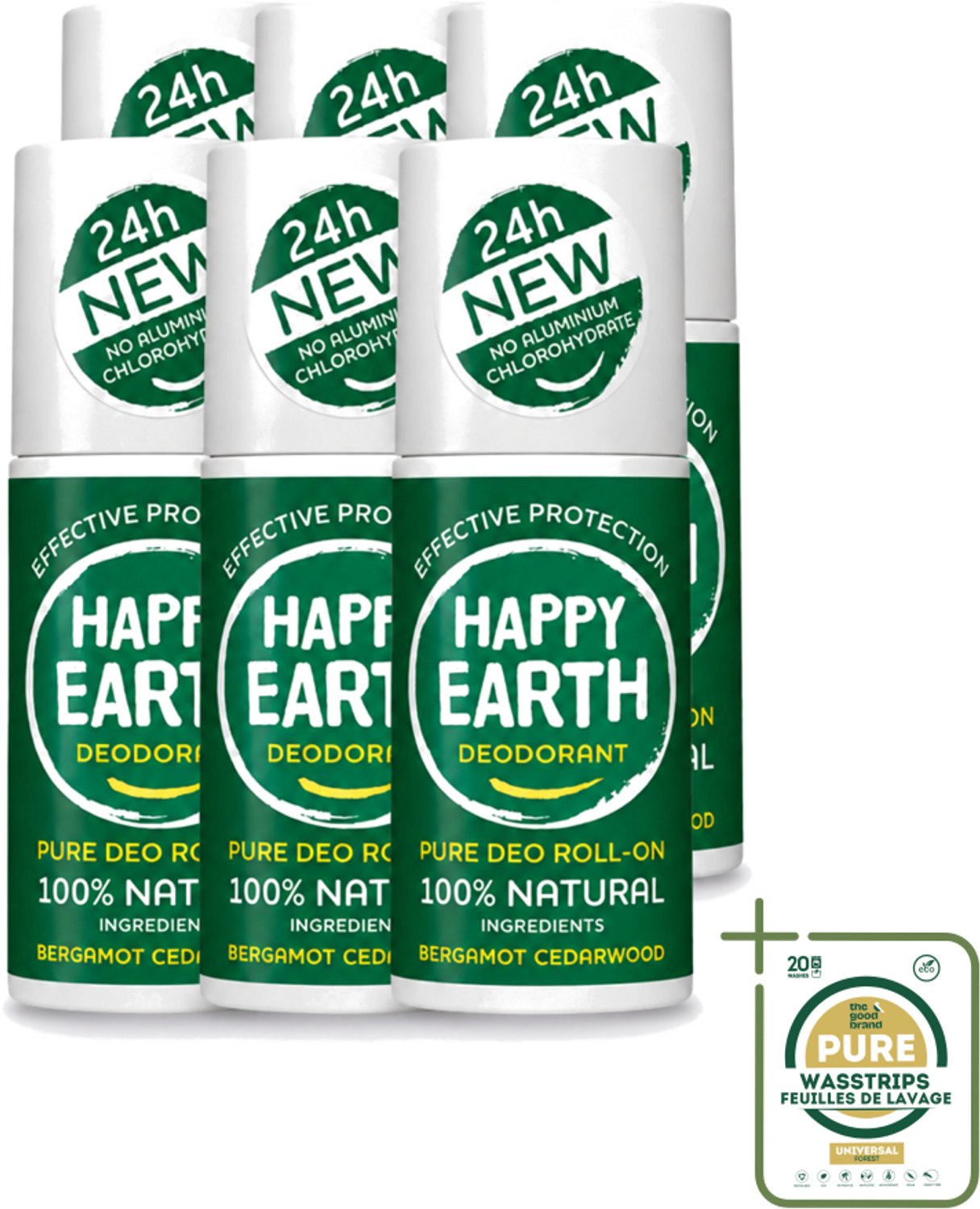 6 x Happy Earth – Deodorant Roll-On – 100% Natuurlijk Bergamot Cedarwood – 75 ml - Natuurlijke Deodorant - Bergamot - Cederhout - Roll-on Deodorant - 24 Uur Geurbeleid