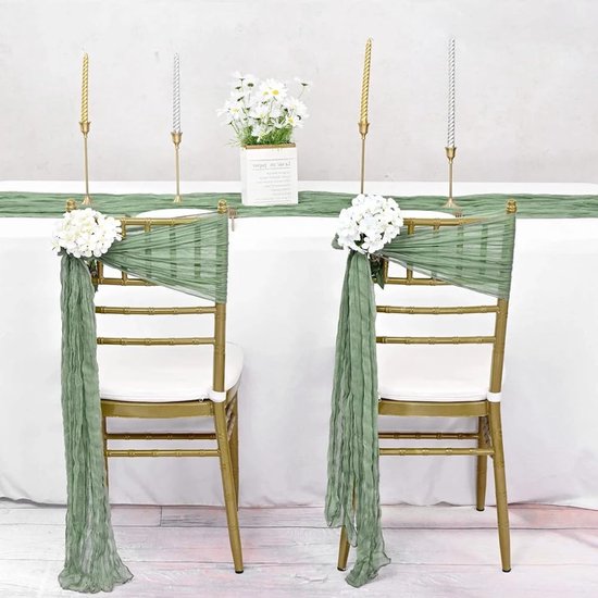2 stuks vintage boho-stoelsjerp, 40 x 275 cm, voile, mousseline, strikken, stoelhoes, plooien, kaasdoek, stoel, rug, bogen, tule, stoelstrik, stoelbekleding voor bruiloft, feest, decoratie — afbeelding 3