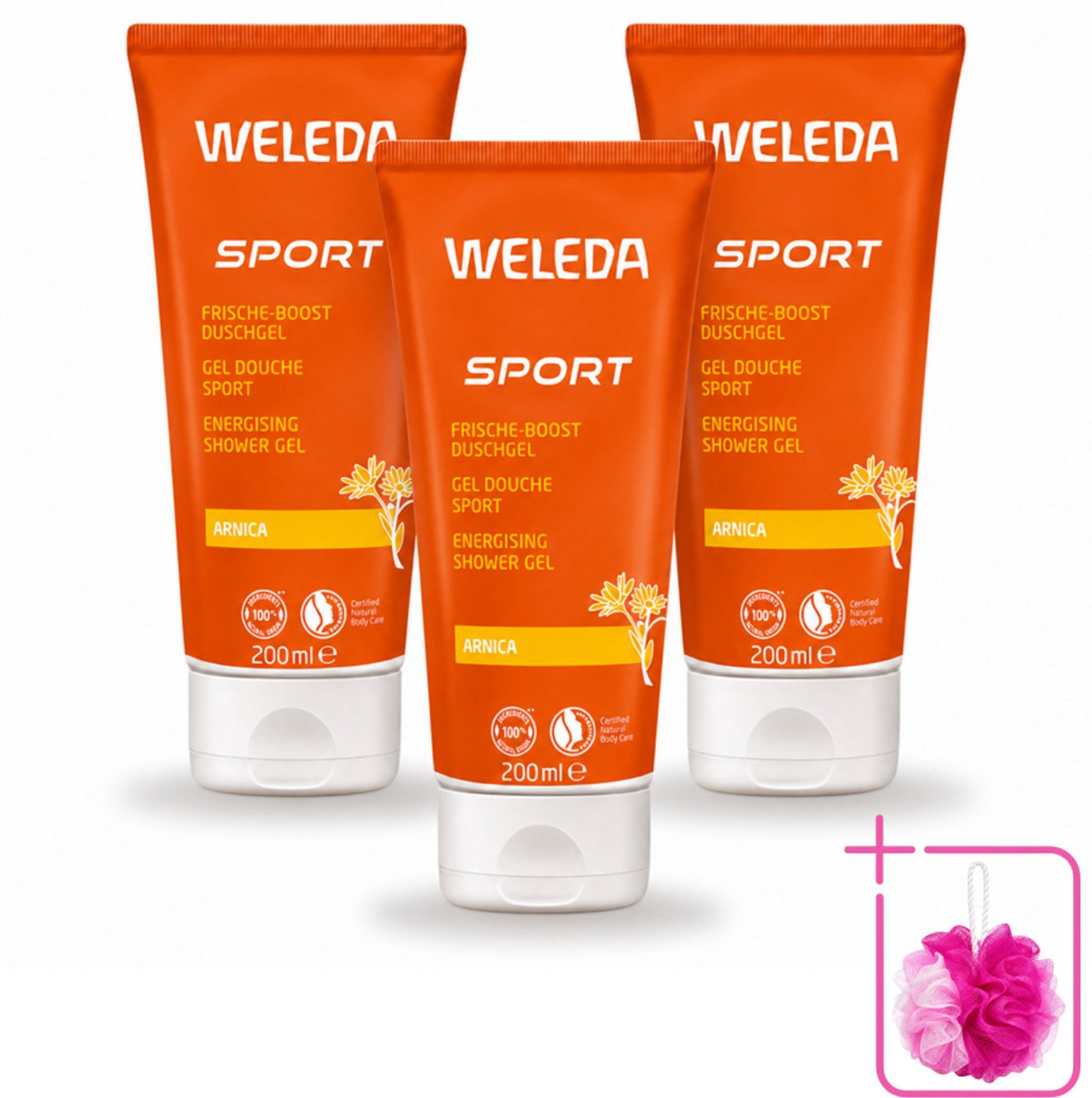 3 x WELEDA - Douchegel Sport - Arnica - 200 ml - Bulkverpakking - Sportdouchegel - Douchemop - Herstel