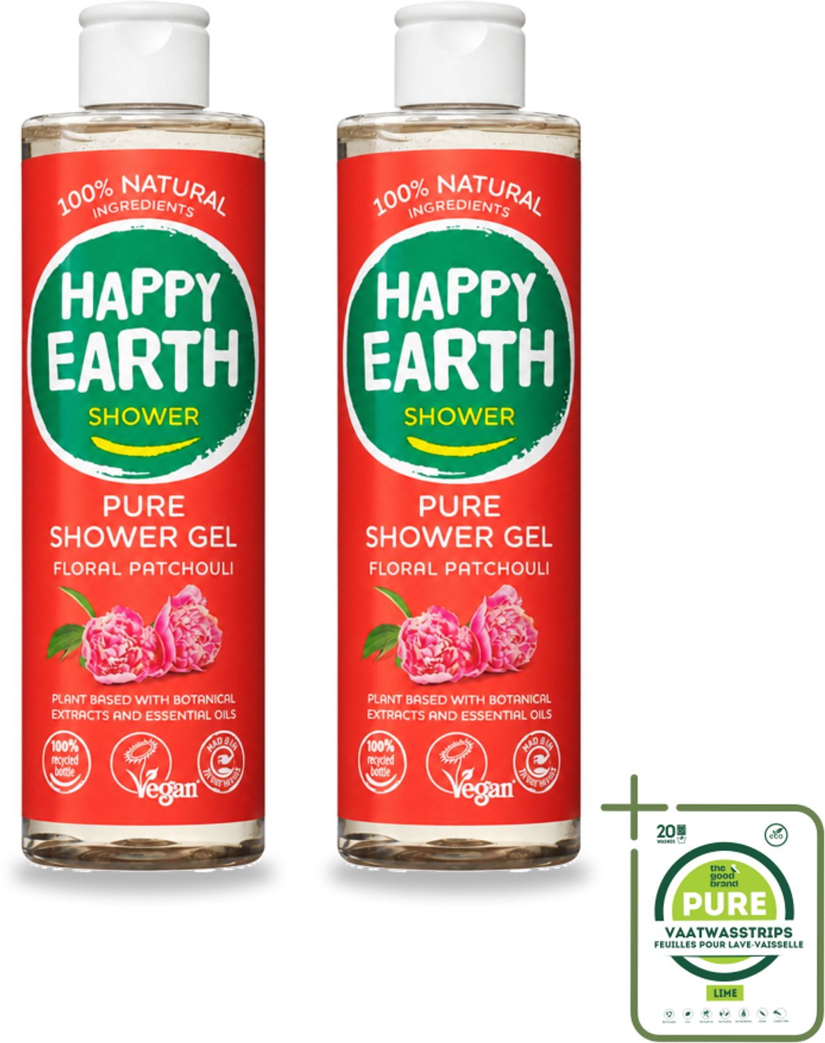 2 x Happy Earth – Douchegel – 100% Natuurlijk Floral Patchouli – 300 ml - Grootverpakking - Vaatwasstrips - Douchegel - Natuurlijke Douchegel - Vegan Douchegel - Patchouli Geur - Huid Verzorging