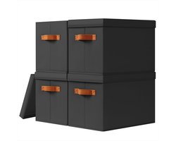 Homsorout Opbergdozen met deksel, groot, set van 4 opbergmanden, stof, opvouwbaar, opbergdozen, kledingkast, organizer, 35 x 25 x 25 cm, vouwbox voor kleding, kubusrek, zwart