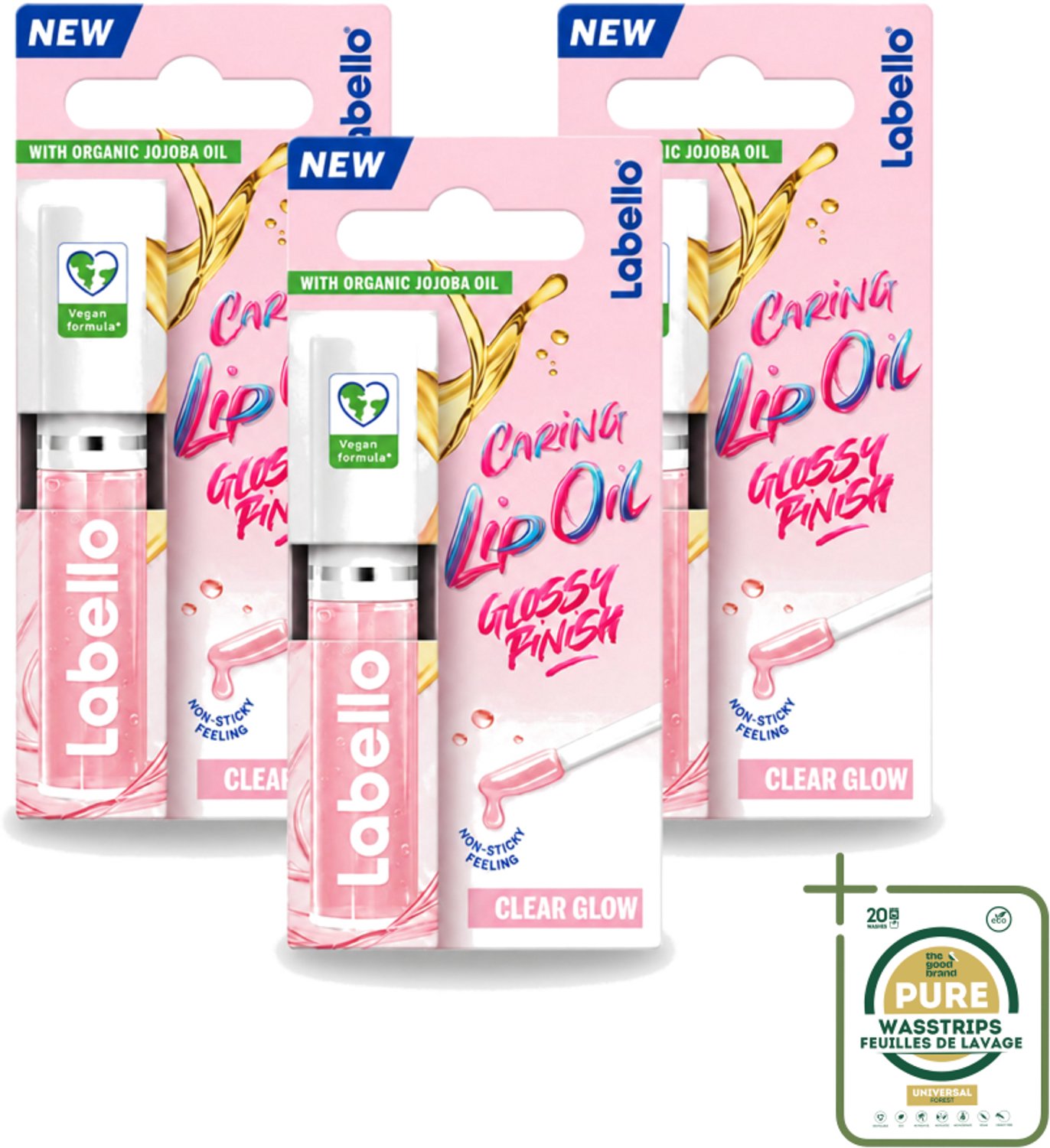 3 x Labello –Caring Lip Oil – Clear Glow – 5,5 ml - Wasstrips - Lippenbalsem - Lipolie - Glans - Verzorging - Vegan Lippenbalsem