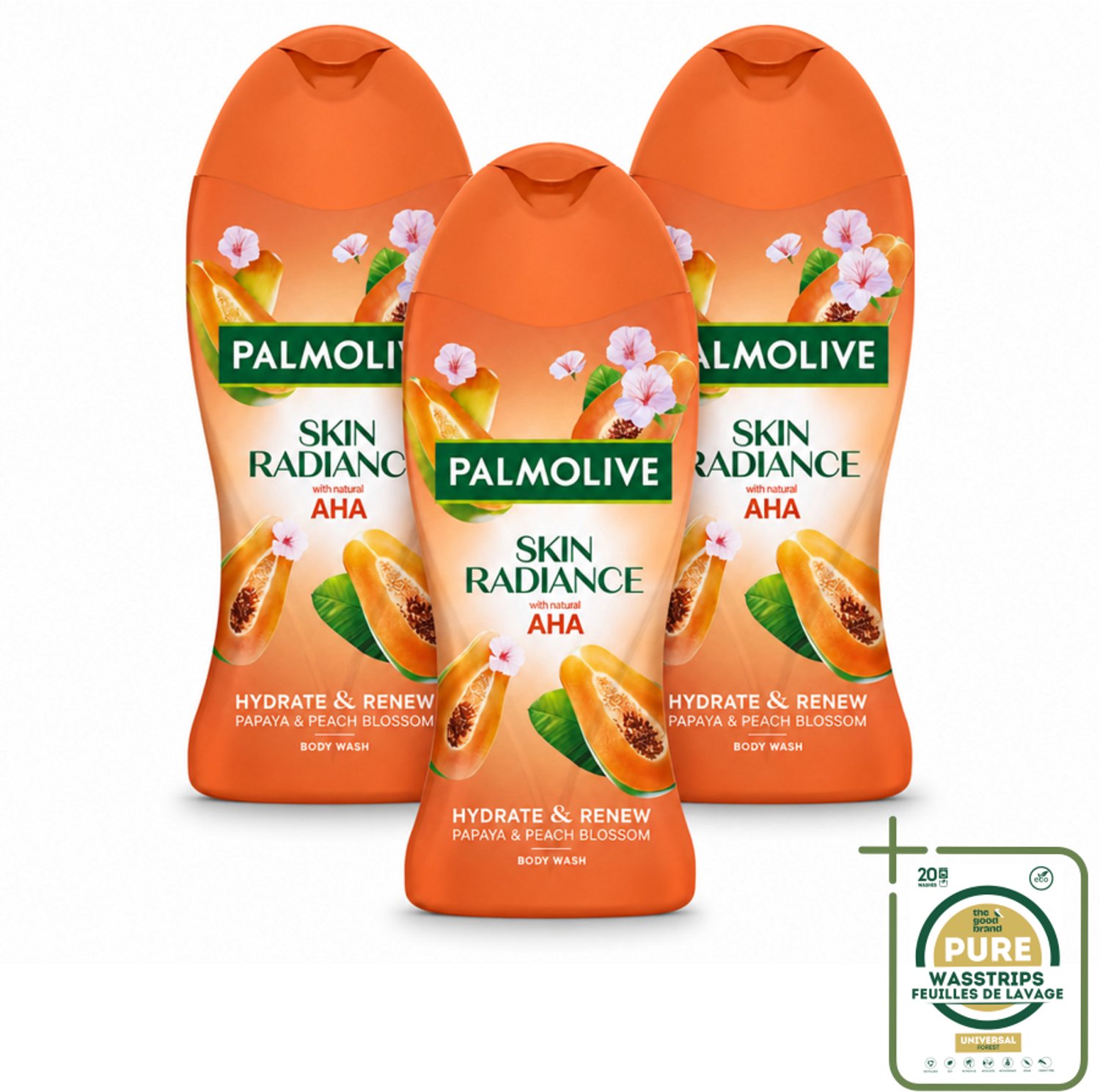 3 x Palmolive – Douchegel – Skin Radiance Papaya Peach – 250 ml - Wasstrips - Douchegel - Exfoliatie - Huidverheldering - Natuurlijke AHA - Papaja-extract