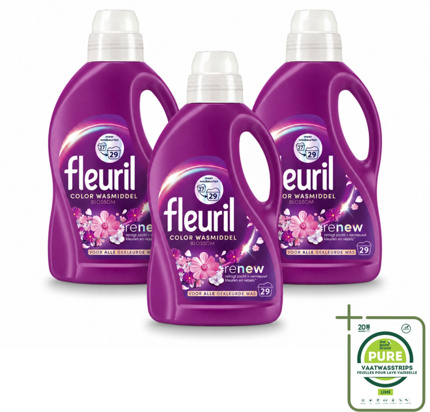 3 x Fleuril – Wasmiddel - Color Blossom – 29 wasbeurten – 1,305 L - Grootverpakking - Vaatwasstrips - Kleurbehoud - Wasmiddel Voor Gekleurde Kleding - Wasmiddel Voor Gekleurde Stoffen - Wasmiddel Met Bloesemgeur - Wasmiddel Voor Delicate Stoffen