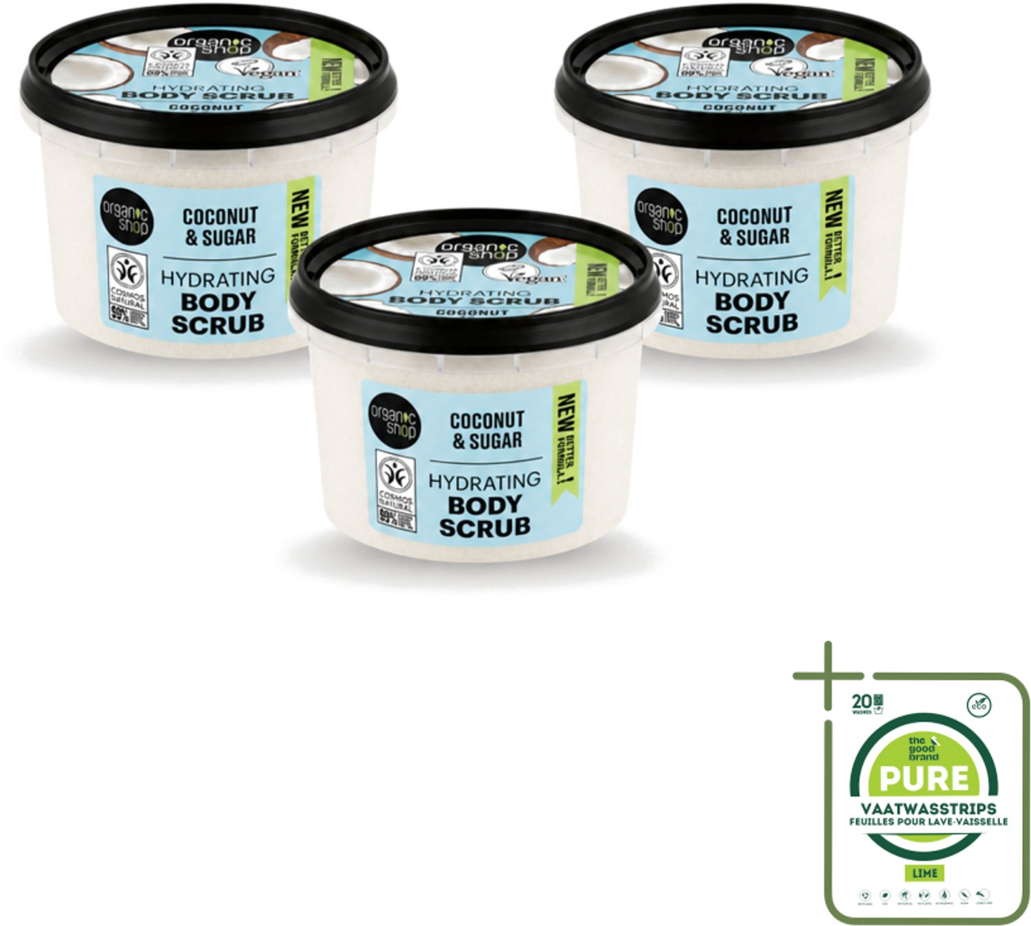 3 x Organic Shop - Hydrating Body Scrub Coconut - Diep Voedend - 250 ml - Grootverpakking - Vaatwasstrips - Hydratatie - Exfoliatie - Suikerscrub - Kokosolie - Natuurlijke Huidverzorging