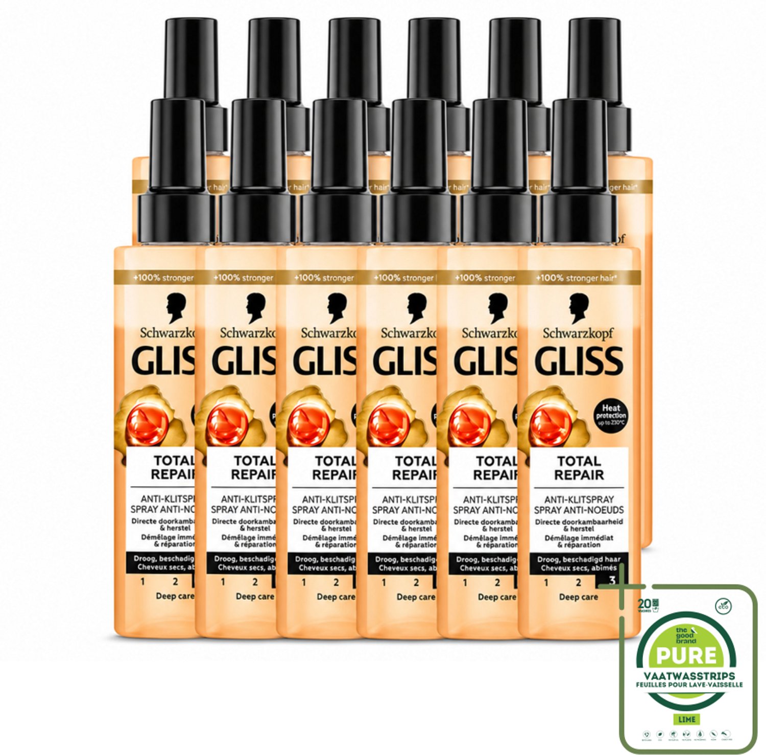 12 x Gliss - Total Repair Anti-Klit Spray - Voor Beschadigd en Droog Haar - 200 ml - Grootverpakking - Vaatwasstrips - Haarkleur - Haarherstel - Haarbescherming - Klitten - Hittebescherming