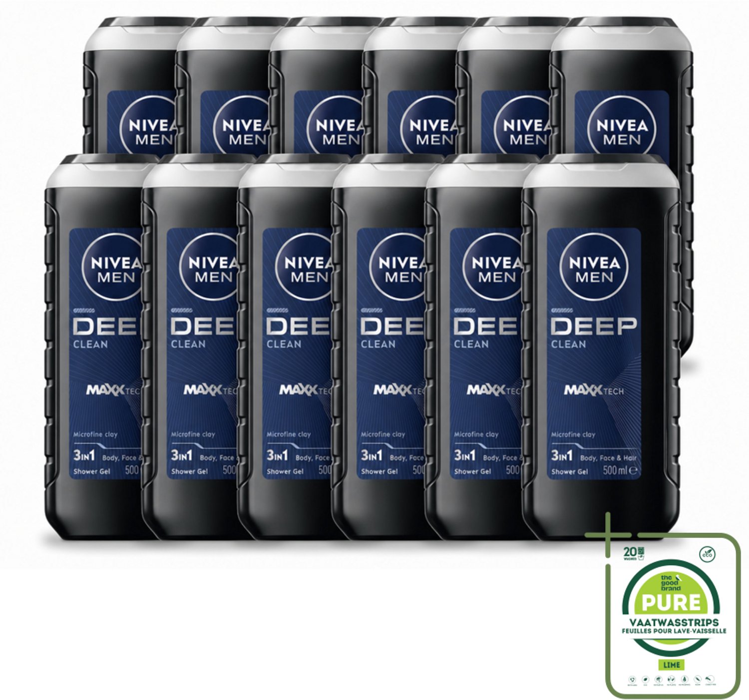12 x NIVEA MEN - Douchegel - Deep Clean 3-in-1 - 500 ml - Grootverpakking - Vaatwasstrips - Diepe Reiniging - Microklei - Douchegel - Lichaam Reinigen - Gezicht Reinigen