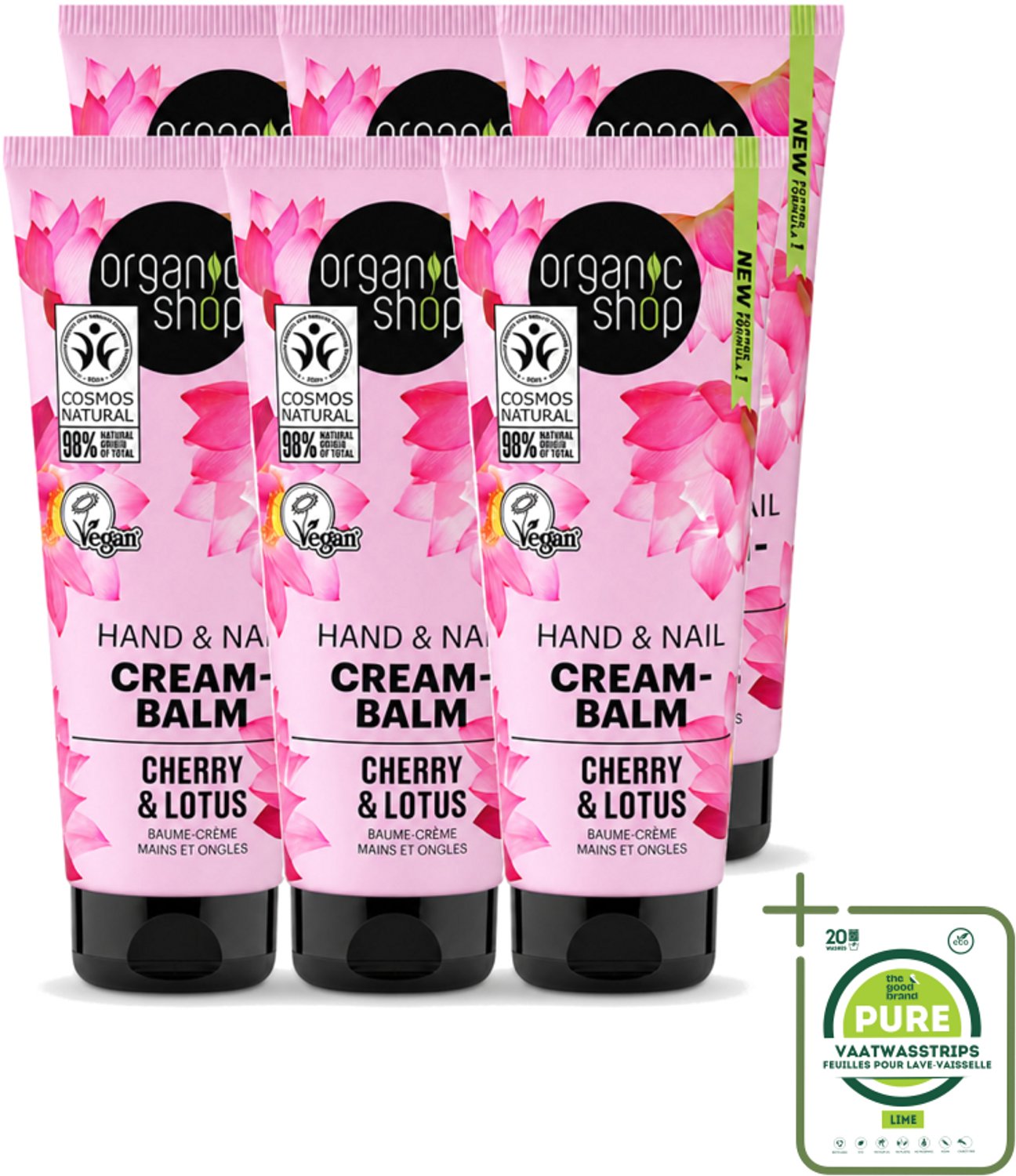 6 x Organic Shop - Hand & Nail Cream - Cherry & Lotus - Verzorgend en Hydraterend - 75 ml - Grootverpakking - Vaatwasstrips - Handcrème - Nagelverzorging - Handen Verzorgen - Nagels Versterken - Biologische Handcrème