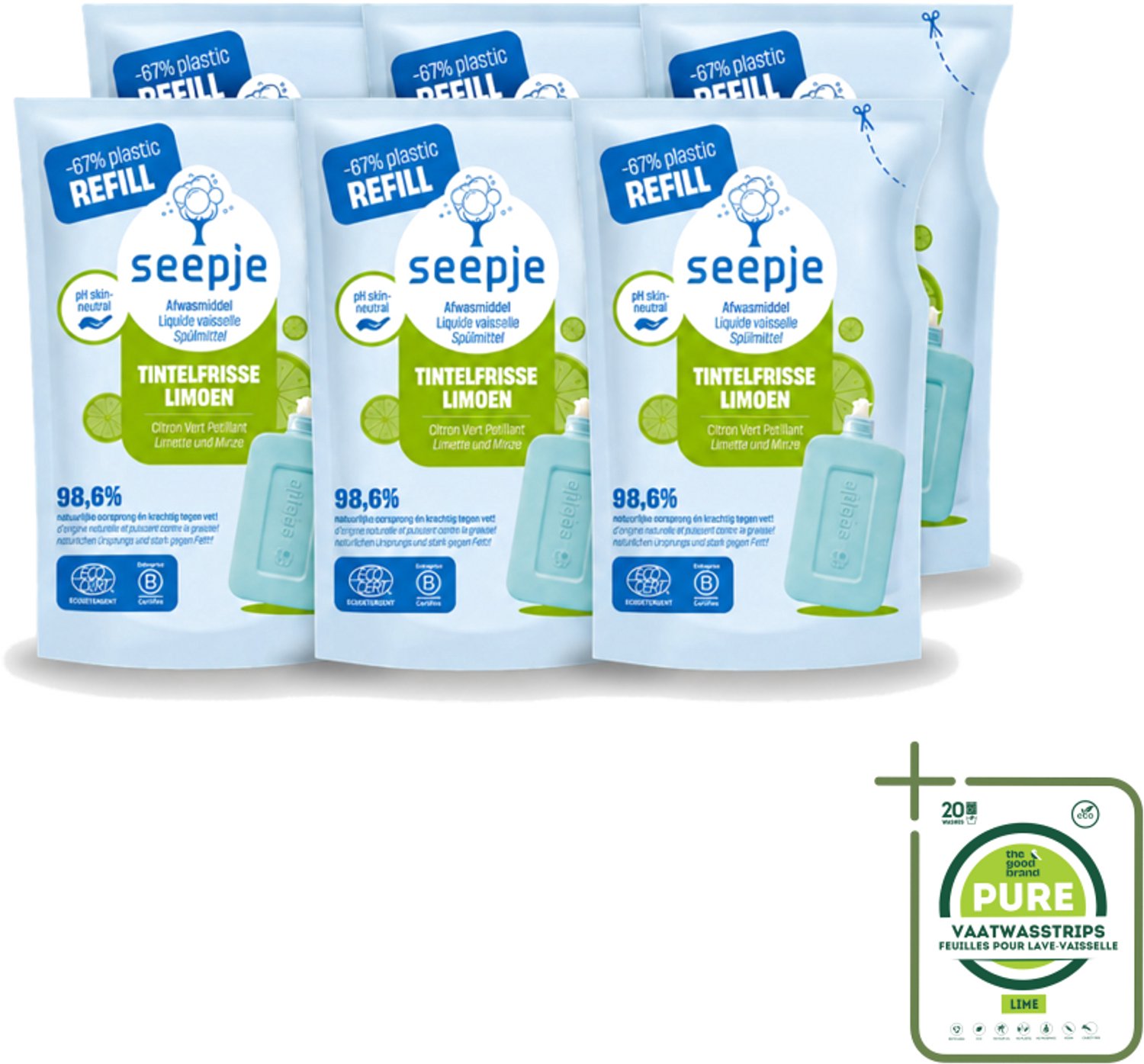 6 x Seepje - Afwasmiddel - Duurzaam & Herbruikbaar - Re-fill - Tintelfrisse Limoen Geur - 500 ml - Grootverpakking - Vaatwasstrips - Afwasmiddel - Afwasmiddel Refill - Limoen Geur - Duurzaam Afwasmiddel - Milieuvriendelijk Afwasmiddel