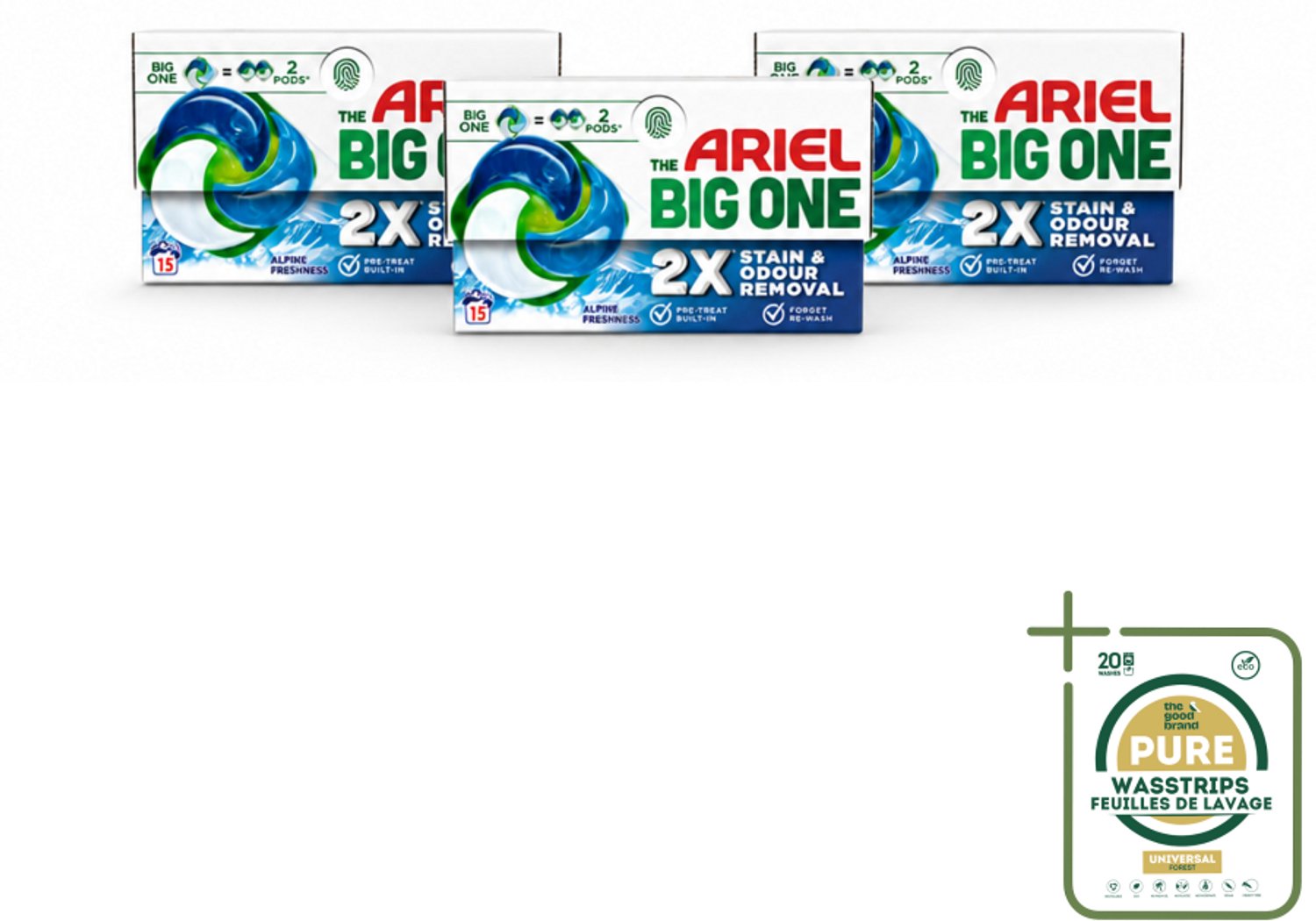 3 x Ariel - 3in1 Wasmiddel Pods - The Big One - Alpine - 15 Pods - Wasstrips - Ariel 3in1 Pod - Wasmiddel - Wasmiddelcapsule - Reinigingskracht - Vlekverwijdering