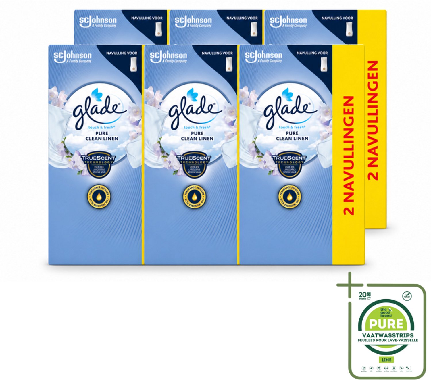 6 x Glade - Touch & Fresh Navulling - Pure Clean Linen - 2 × 10 ml - Grootverpakking - Vaatwasstrips - Navulling - Geur - Frisheid - Linen - Bloemige Geur