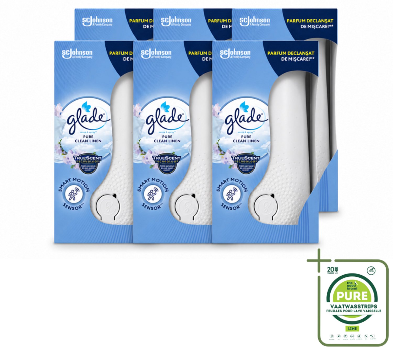 6 x Glade - Houder Sense & Spray - Pure Clean Linen - 18 ml - Grootverpakking - Vaatwasstrips - Geurverspreiding - Luchtverfrisser - Bewegingssensor - Frisse Geur - Linnengoed Geur