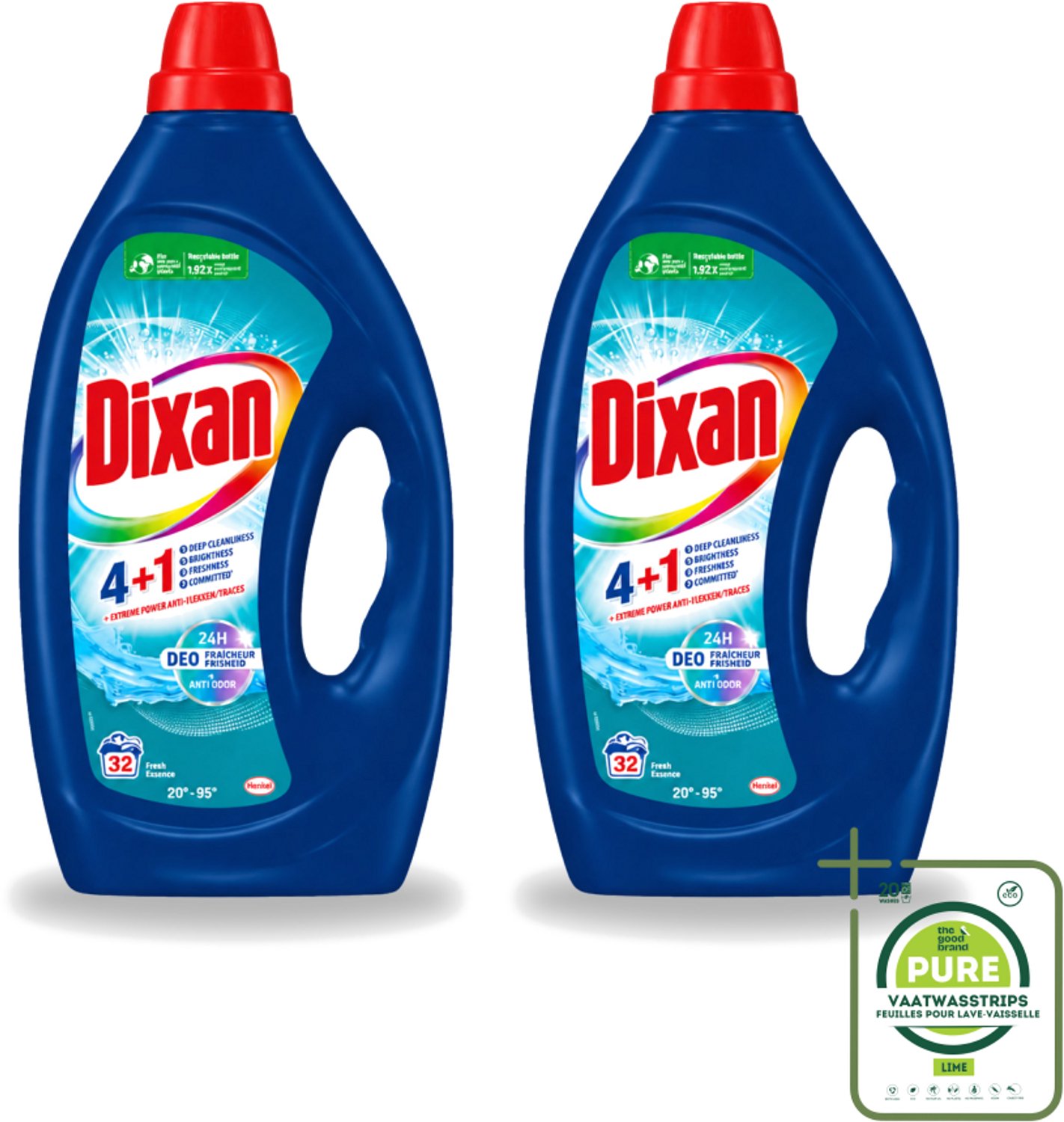 2 x Dixan - Vloeibaar wasmiddel - Fresh Blue - 32 wasbeurten - Grootverpakking - Vaatwasstrips - Vloeibaar Wasmiddel - Frisse Geur - Vlekverwijdering - Wasmiddel Voor Kleding - Anti-geur