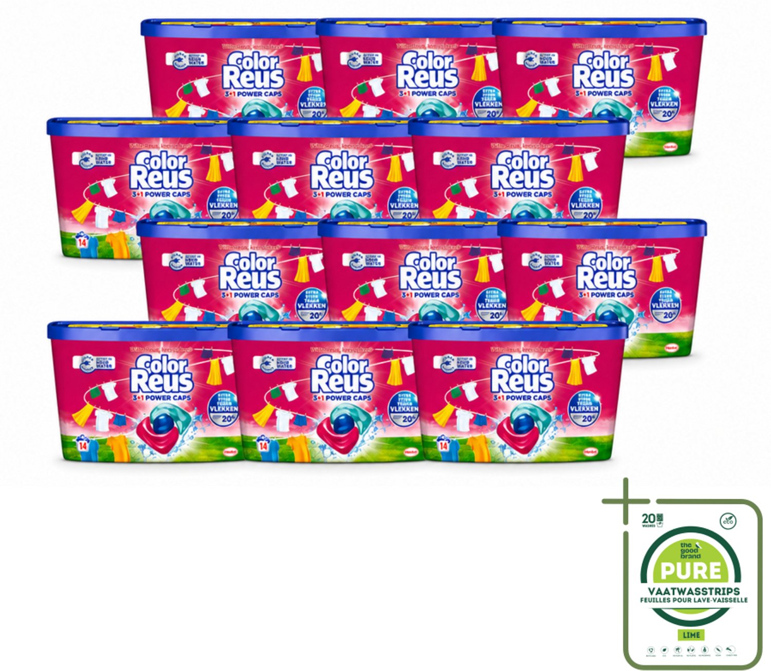 12 x Color Reus - 3+1 Power Caps - Gekleurde Was - 14 Wasbeurten - Grootverpakking - Vaatwasstrips - Kleurbehoud - Wasmiddelcapsule - Krachtige Was - Stralend Schoon - Fris Wasgoed