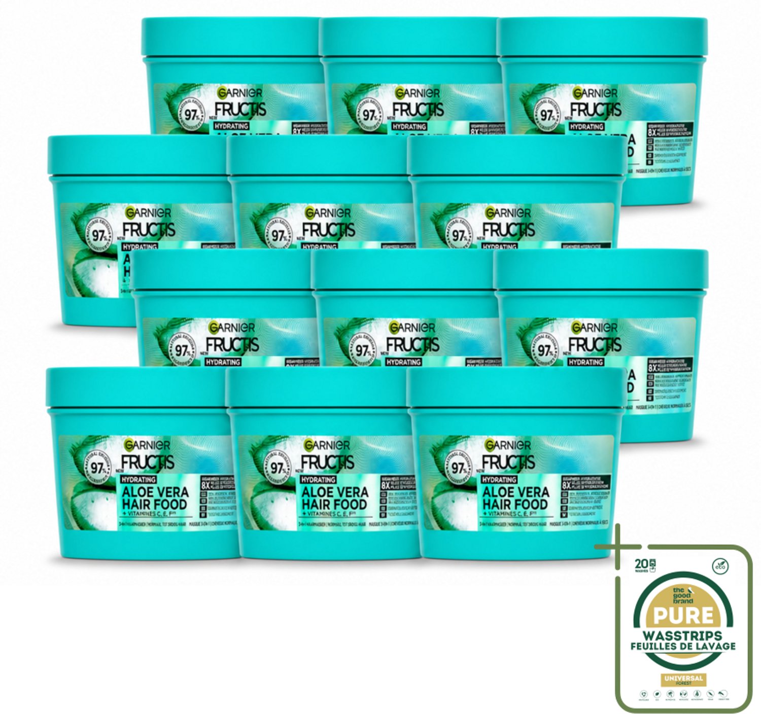 12 x Garnier - Fructis Hair Food Aloe Vera - 3-in-1 Haarmasker - Normaal tot Droog Haar - 400 ml - Wasstrips - Haarmasker - Droog Haar - Hydratatie - Aloe Vera - Haarverzorging