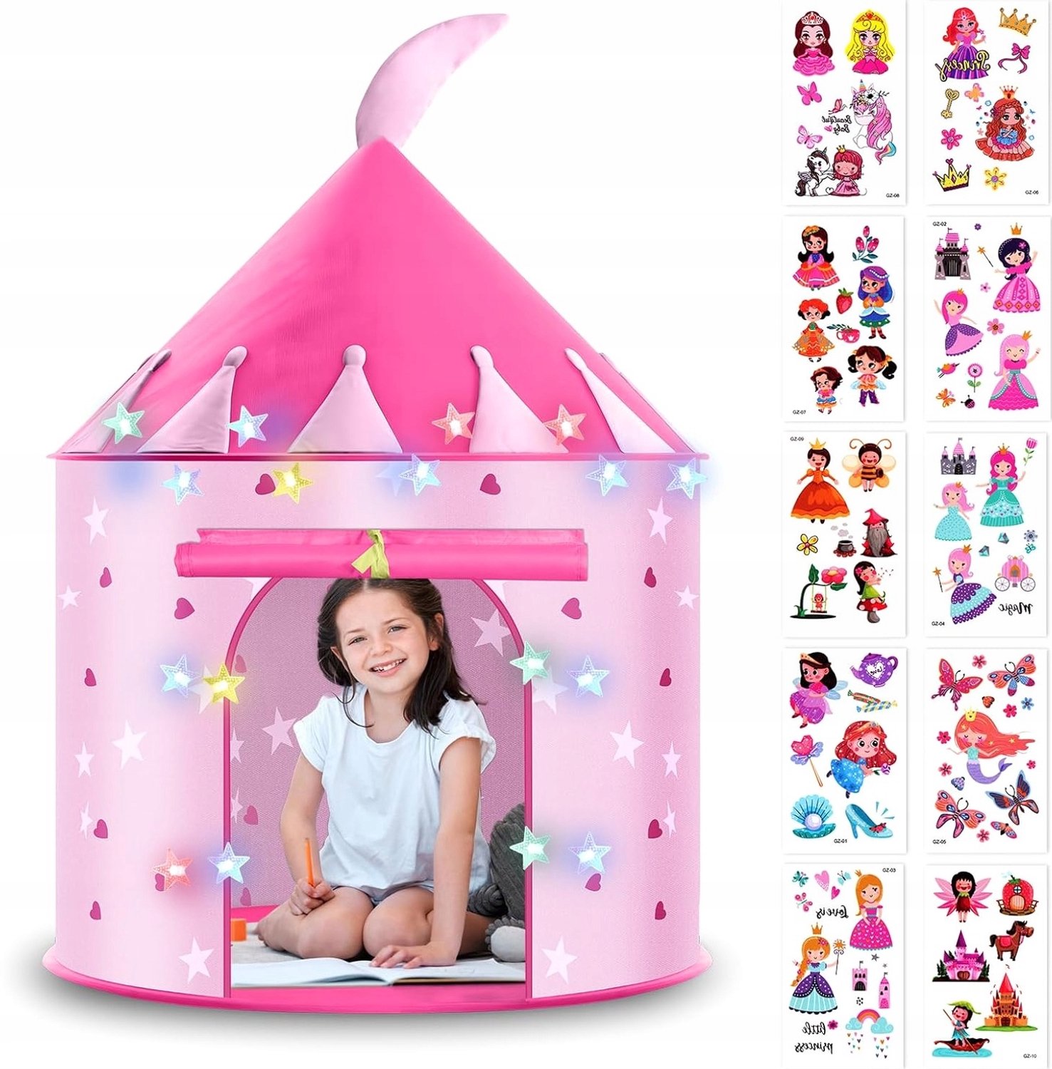 Roze Kindertent - Opvouwbaar Speelhuisje met LED Verlichting en Stickers