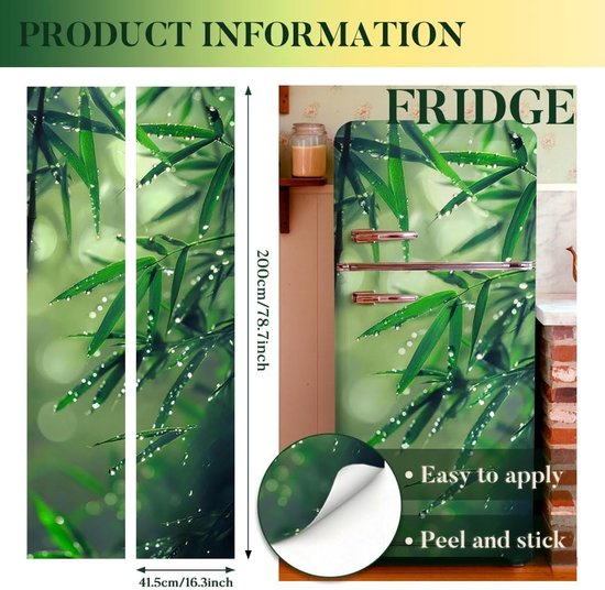 2 stuks bamboe blad regen koelkast wraps, zelfklevende koelkast wrap set verwijderbare koelkast sticker koelkastpanelen cover sticker voor keuken bar decor, 41,5 x 200 cm — afbeelding 5