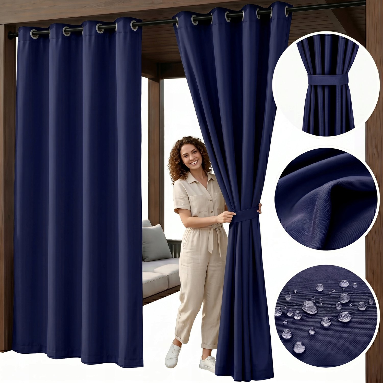 Waterdichte Tuindoek Gordijn 155x190cm - Navy Blauw met Ring GORDIJN