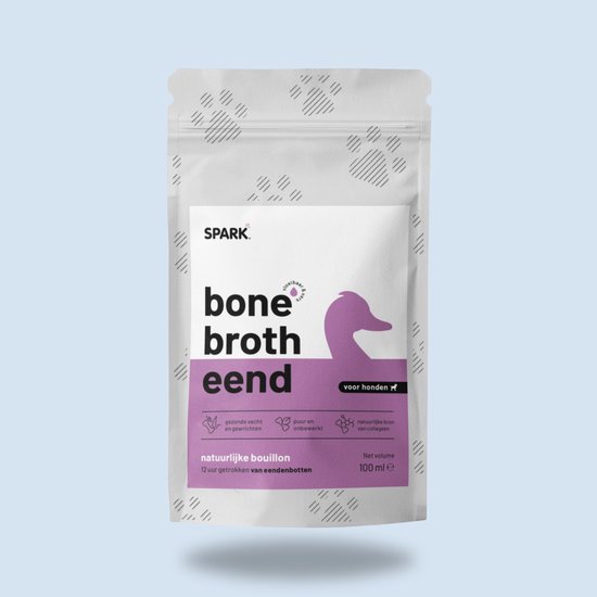 Pakje 'bone broth eend' van Spark met paarse eend-illustratie en productinformatie.