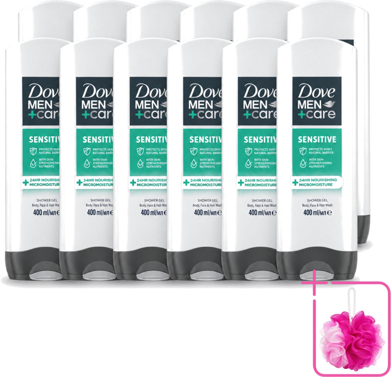 12 x Dove - Shower Gel - 3-in-1 - Men Care Sensitive - Verfrissend en zacht - 400 ml - Bulkverpakking - Douchegel voor mannen - Douchemop - Gevoelige huid