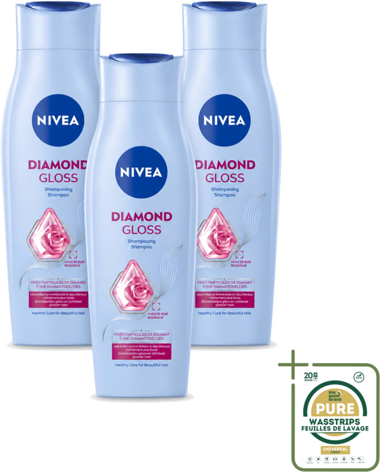3 x Nivea - Shampoo - Diamond Gloss - 250 ml - Wasstrips - Diamanten Glans - Verzorging Haar - Schitterende Glans - Gezond Haar - Soepel Haar