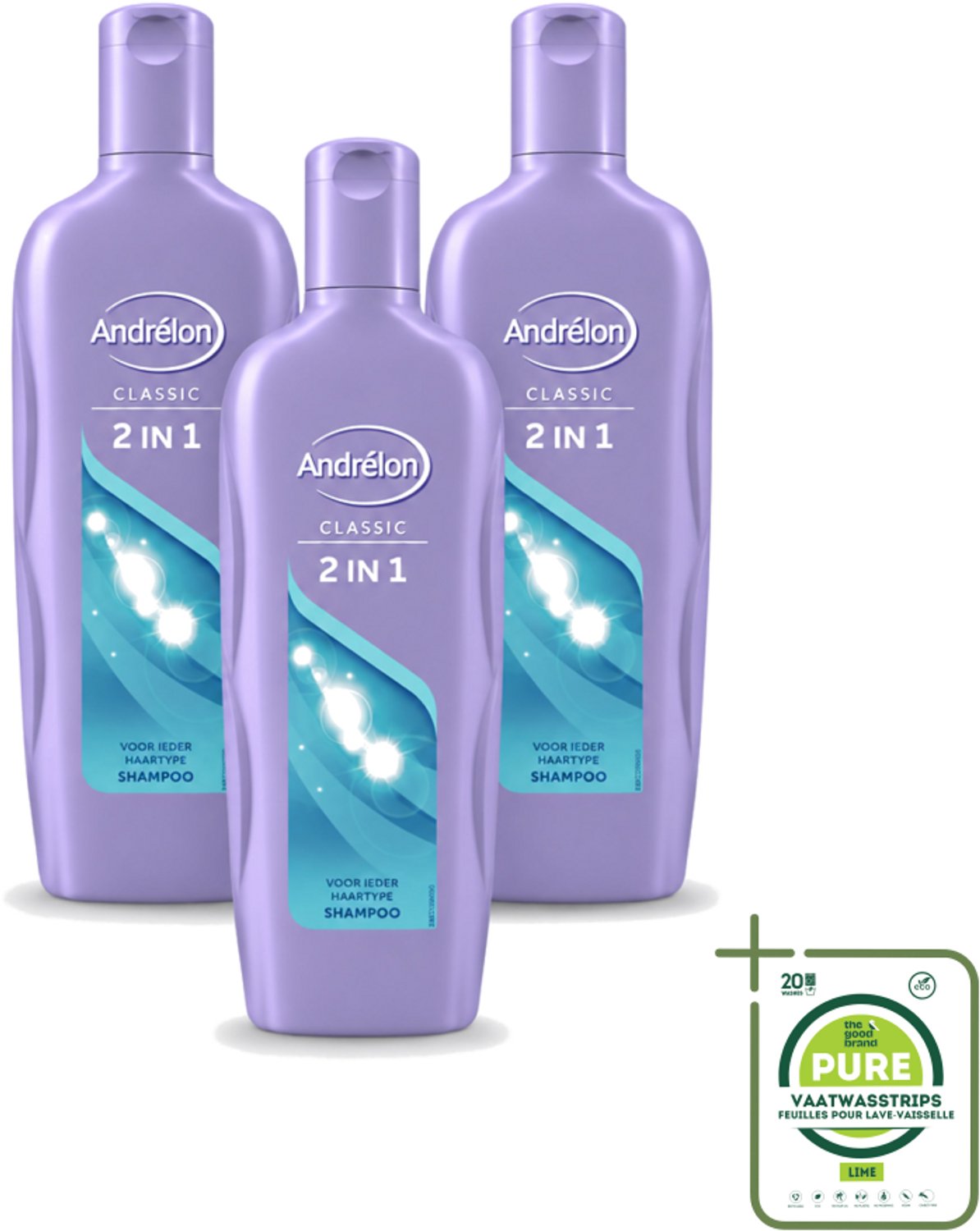 3 x Andrélon – Shampoo – 2-in-1 – 450 ml - Grootverpakking - Vaatwasstrips - Shampoo 2 In 1 - Haar Reinigen - Haar Verzorgen - Zacht Haar - Soepel Haar