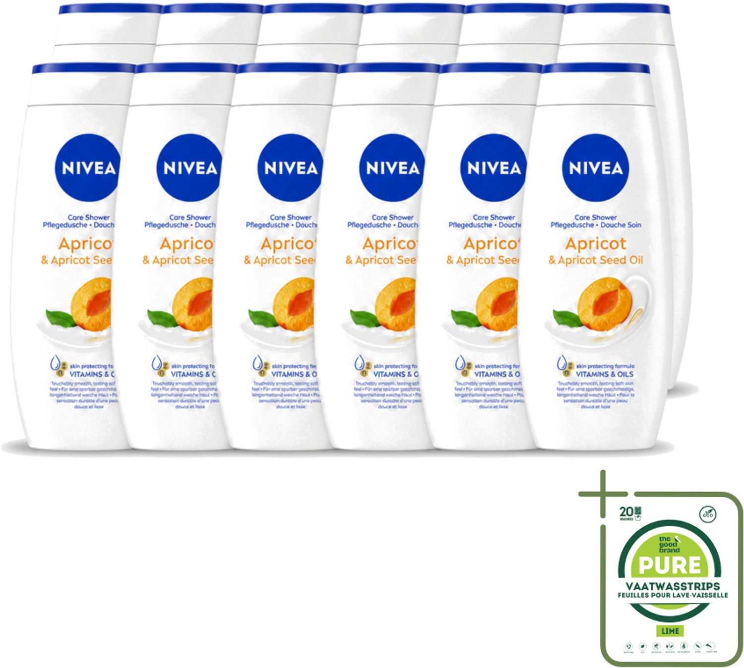 12 x Nivea - Douchegel - Soft Apricot - Huidbeschermend - 250 ml - Grootverpakking - Vaatwasstrips - Douchegel - Huidbeschermend - Abrikozenpitolie - Druivenpitolie - Vitamine C