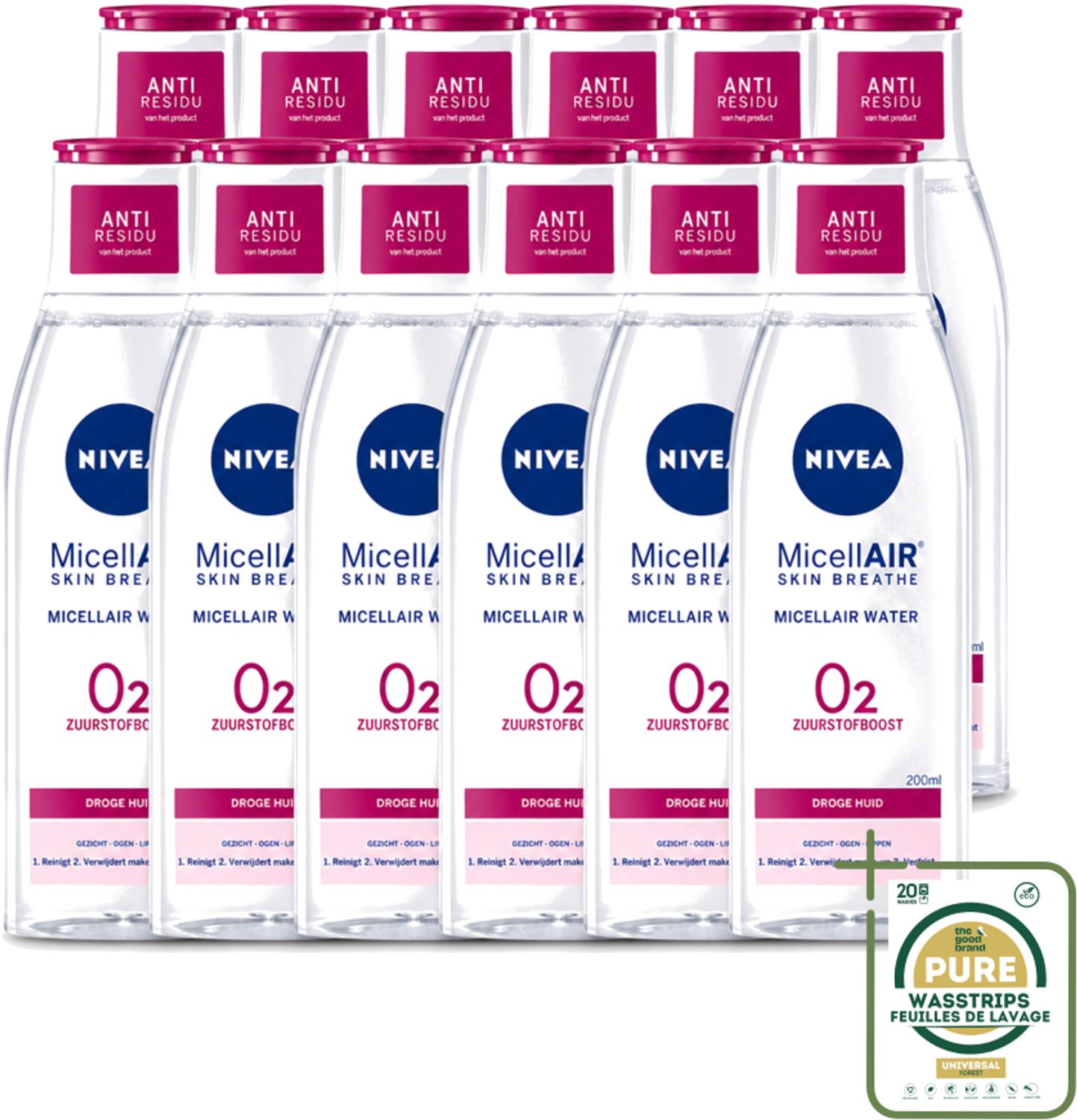 12 x Nivea - O2 Zuurstofboost Micellair Water - Droge Huid - 200 ml - Wasstrips - Micellair Water - Droge Huid - Zuurstofboost - Reiniging - Hydratatie