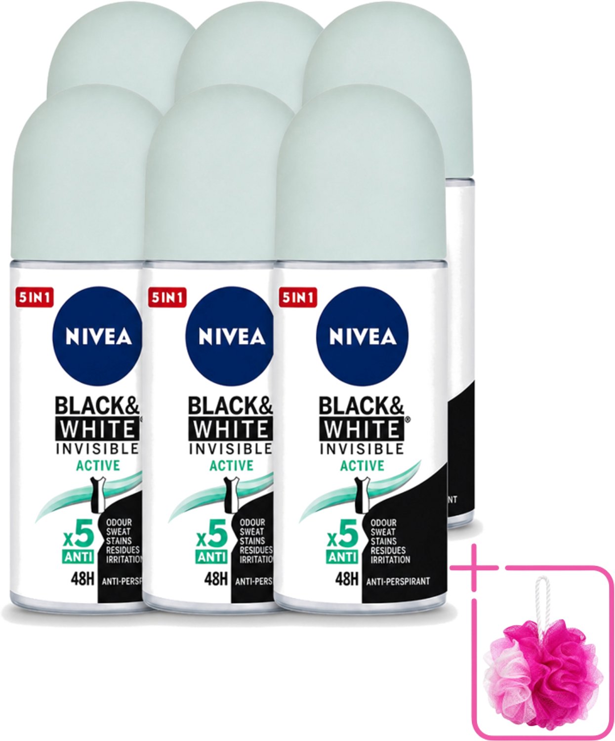 6 x Nivea - Deodorant - Roller - Black & White Invisible - Active - 50 ml - Bulkverpakking - Anti-transpirant - Zweetbehandeling