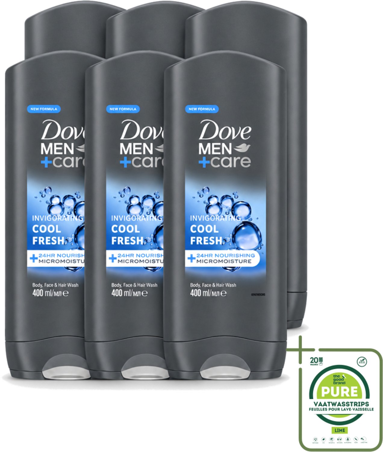 6 x Dove - Douchegel - Men+ Care Cool Fresh - Verfrissend en energiegevend - 400 ml - Grootverpakking - Vaatwasstrips - Douchegel Voor Mannen - Verfrissende Geur - Huid Verzorging - Hydraterende Douchegel - Micromoisture Technologie