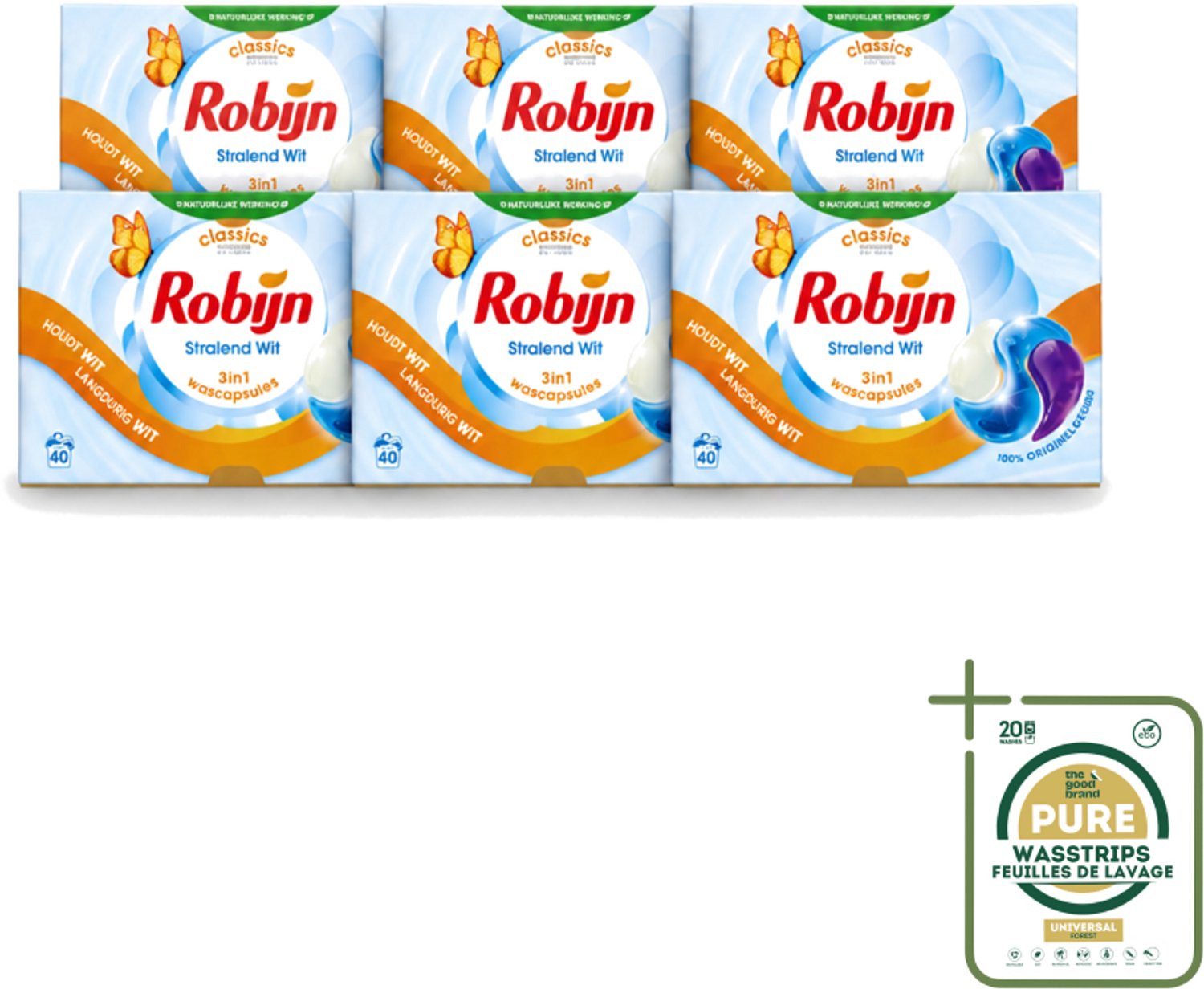 6 x Robijn - Stralend Wit - 3-in-1 Wascapsules - Houdt Langdurig Wit - 40 Wascapsules - Wasstrips - Wit Was - Wascapsules - Was Reiniging - Was Verzorging - Was Geur