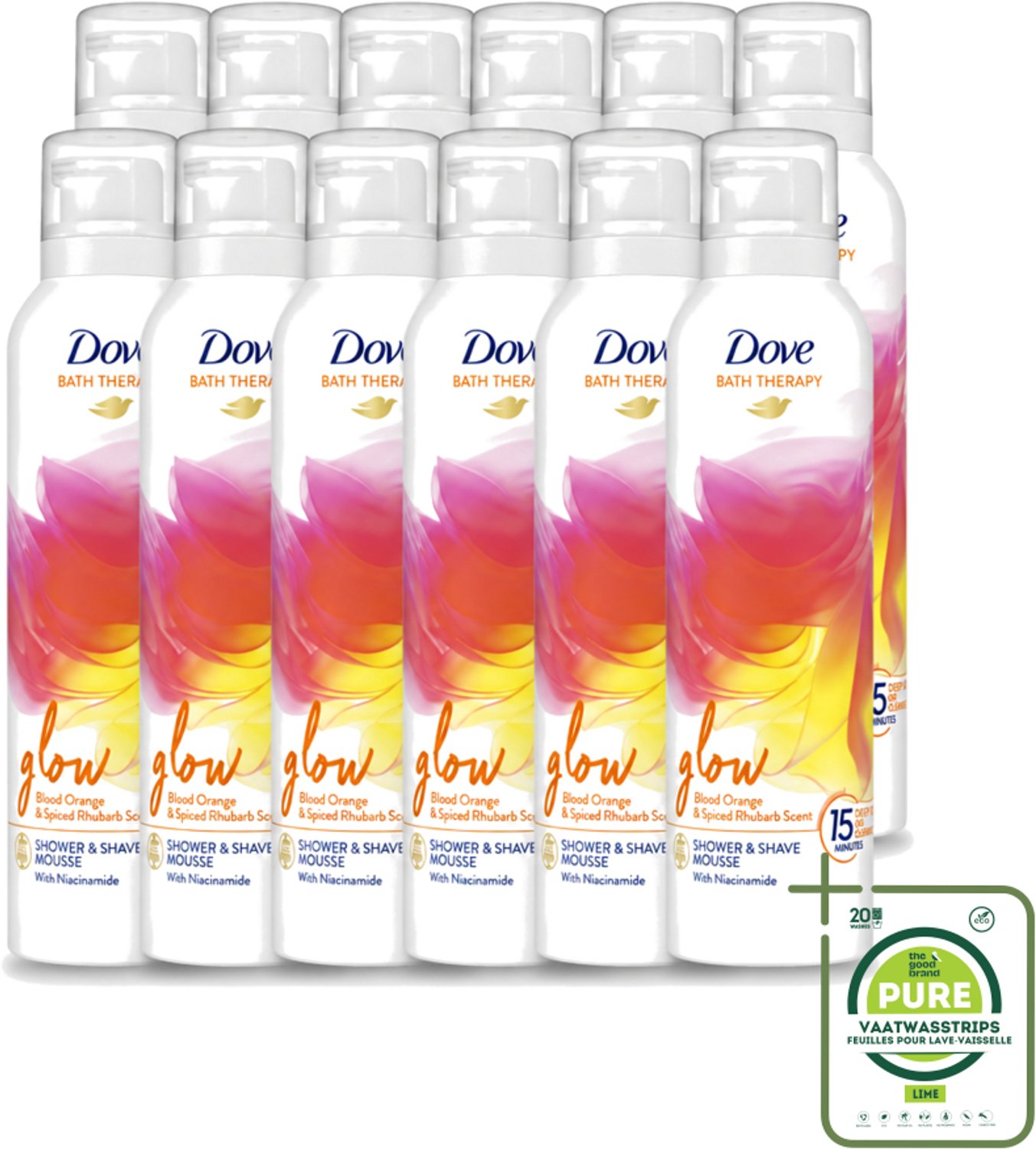12 x Dove – Douche- & Scheerschuim – Bath Therapy Glow – 200 ml - Grootverpakking - Vaatwasstrips - Douche En Scheerschuim - Huidverzorging - Stralende Huid - Niacinamide - Huidbarrière