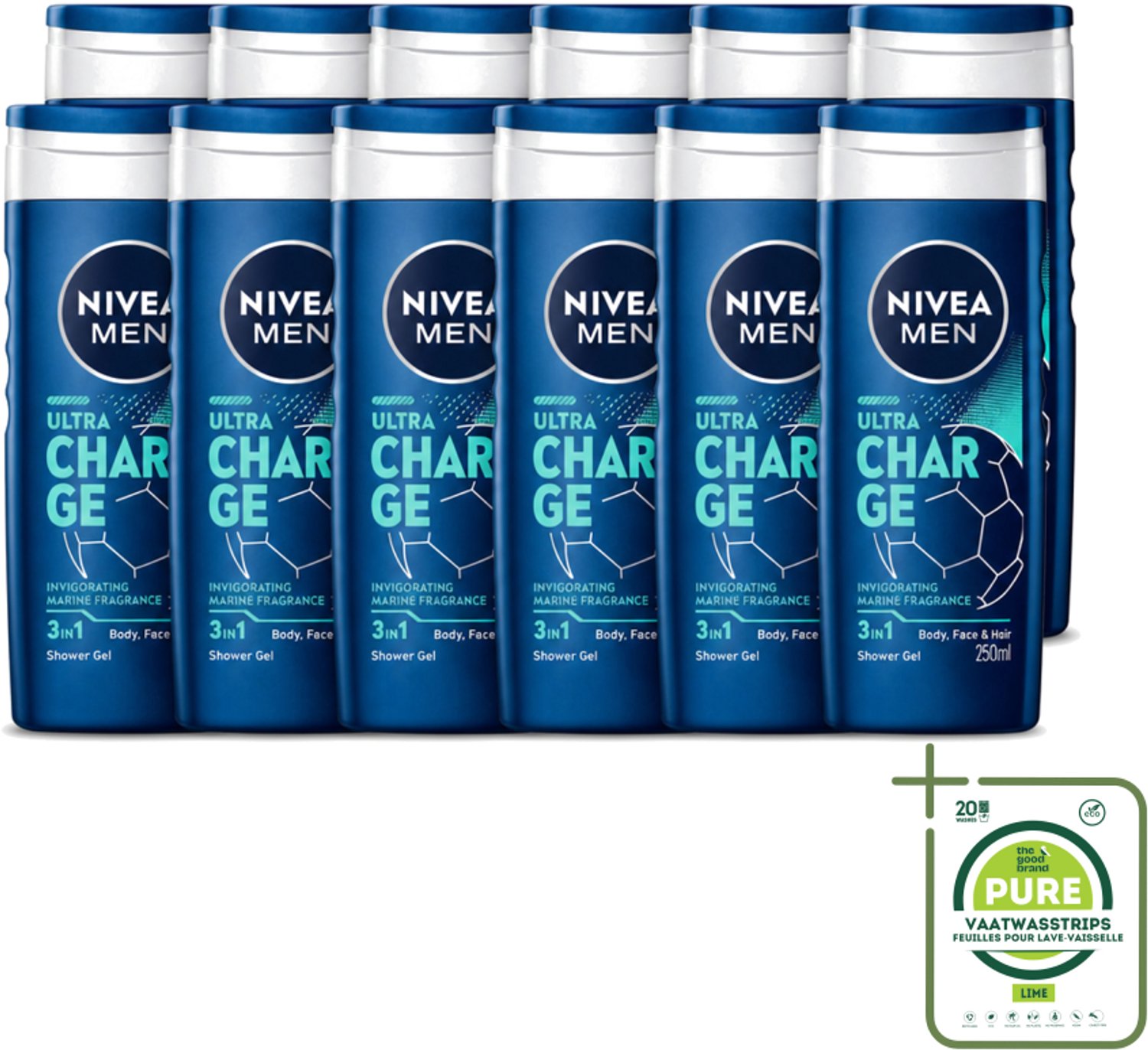 12 x Nivea Men – Douchegel – Ultra Charge – 250 ml - Grootverpakking - Vaatwasstrips - Douchegel Voor Mannen - Verzorging Van Huid - Citrusgeur - Houtachtige Geur - 3-in-1 Douchegel