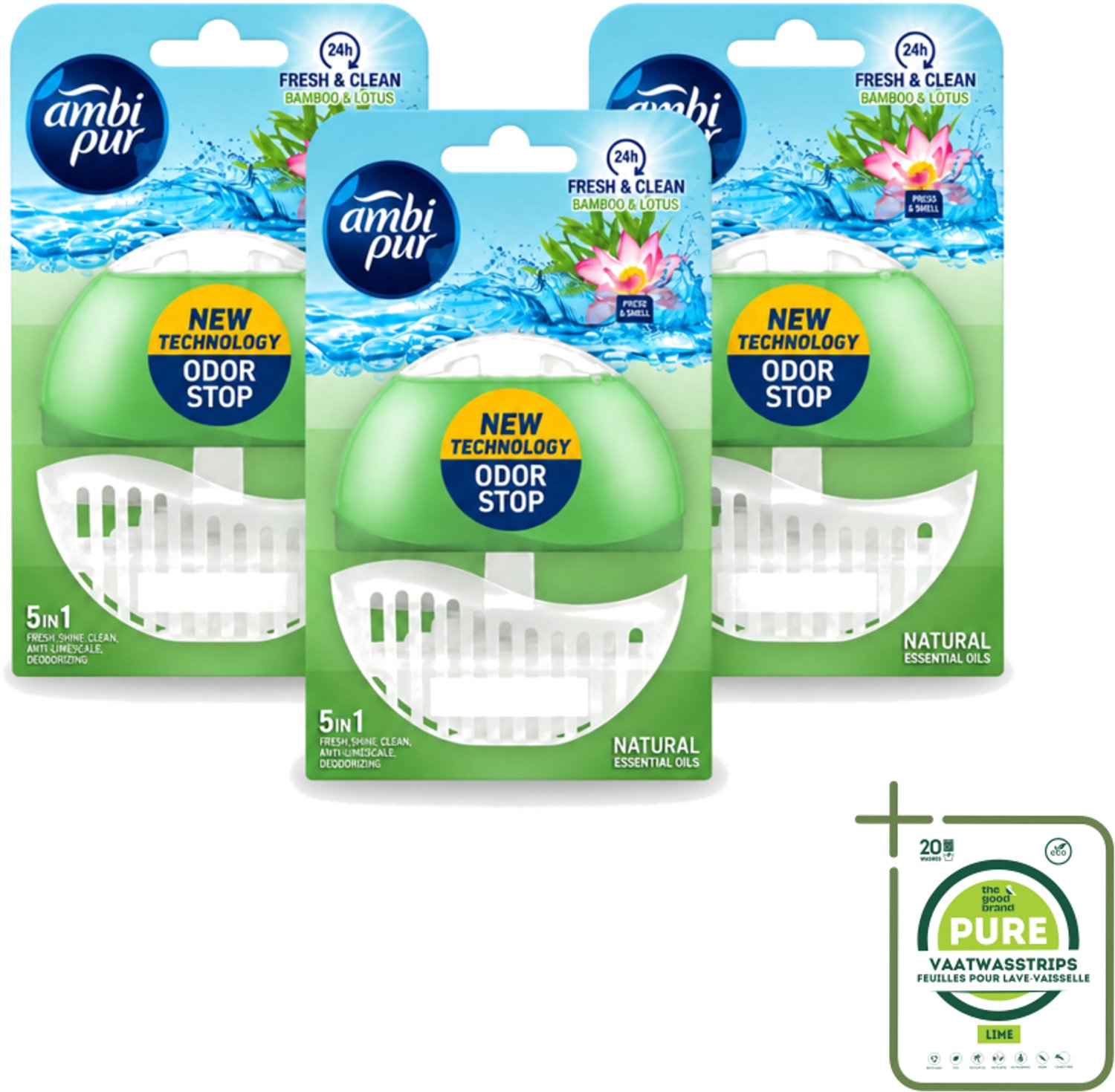 3 x Ambi Pur - Toiletblok - Starterkit 5in1 - Bamboe & Lotus - Toiletblok - 55 ml - Grootverpakking - Vaatwasstrips - Toiletblok - Toiletpot - Frisheid - Rust - Natuurlijke Geur