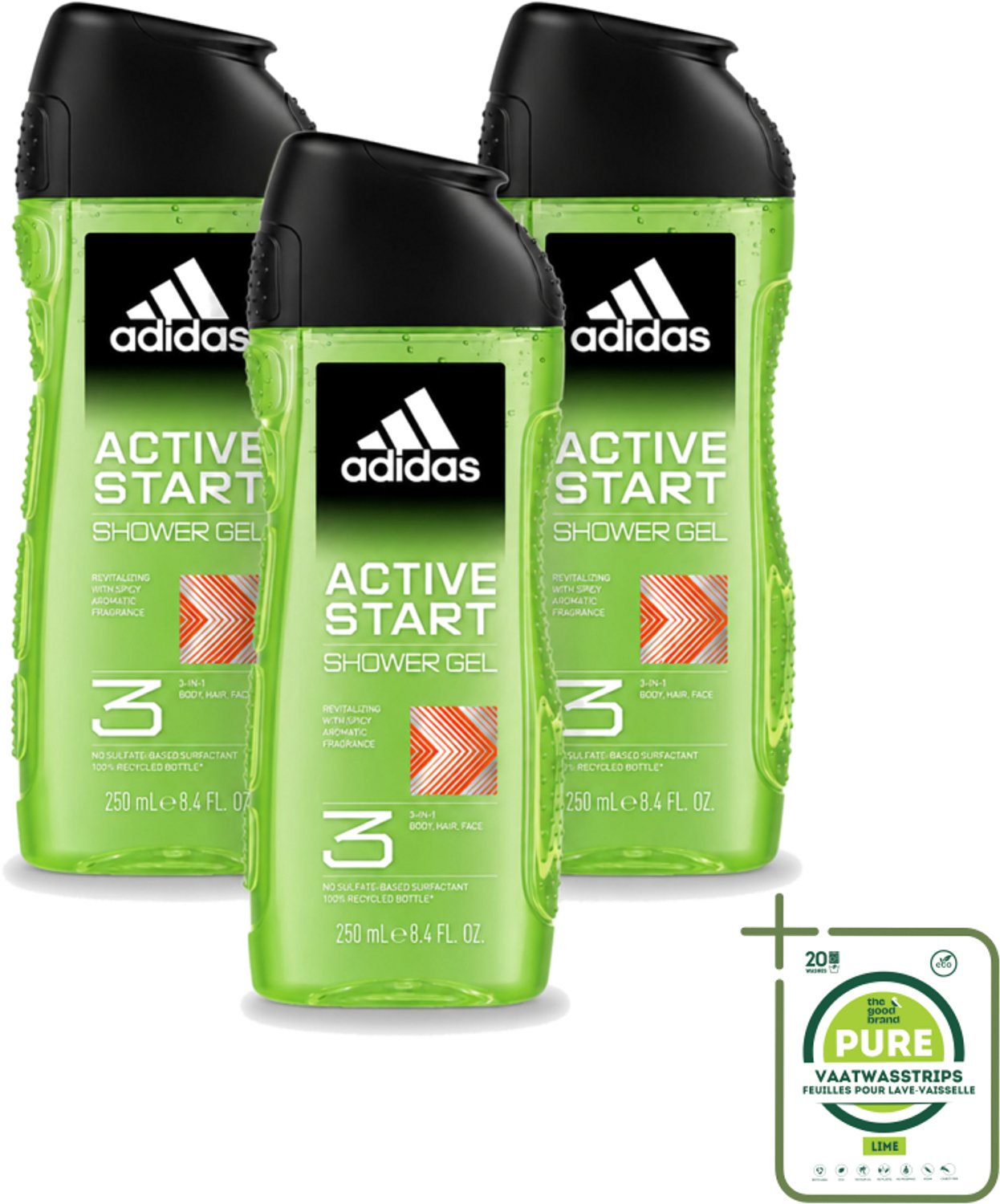 3 x Adidas - 3-in-1 Douchegel - Active Start - Kruidige Geur - Gerecyclede Verpakking - 250 ml - Grootverpakking - Vaatwasstrips - Douchegel - 3-in-1 - Lichaam - Gezicht - Haar
