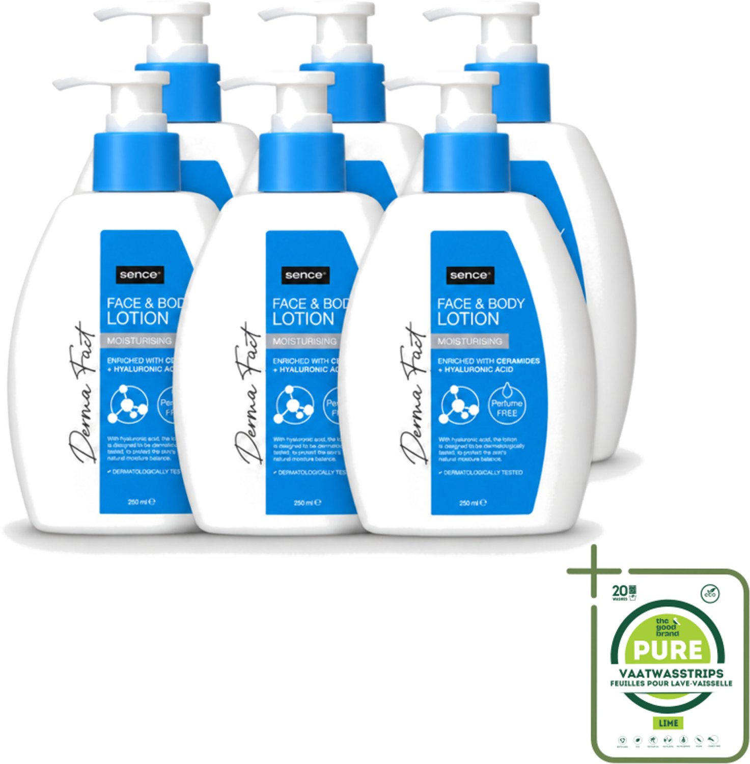 6 x Sence – Lotion – Face & Body – 250 ml - Grootverpakking - Vaatwasstrips - Hydraatatie - Huidbarrière - Ceramiden - Hyaluronzuur - Gezicht En Lichaam