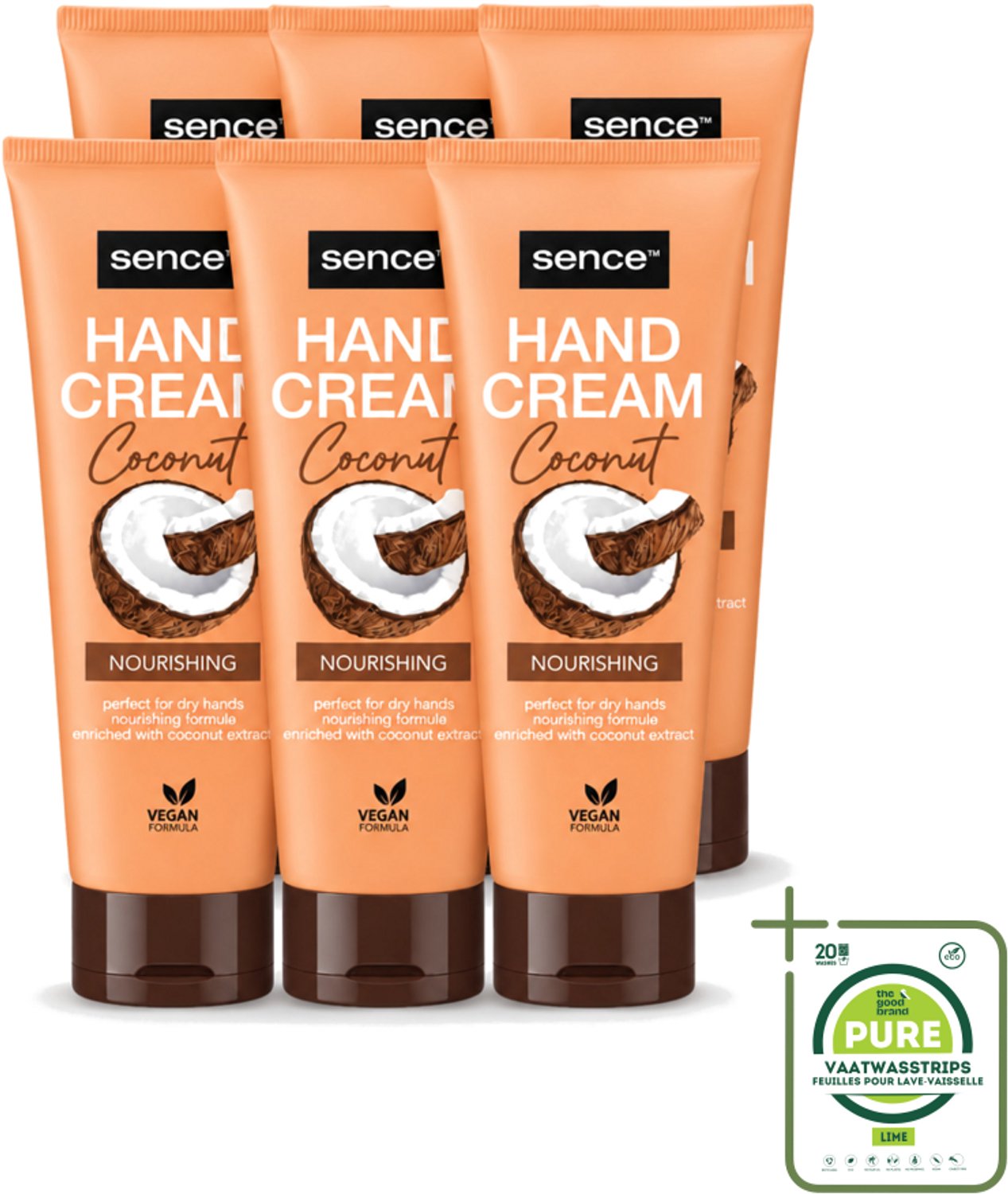 6 x Sence – Handcrème – Coconut Nourishing – 75 ml - Grootverpakking - Vaatwasstrips - Handcrème - Kokosolie - Droge Handen - Hydratatie - Handen Verzorgen