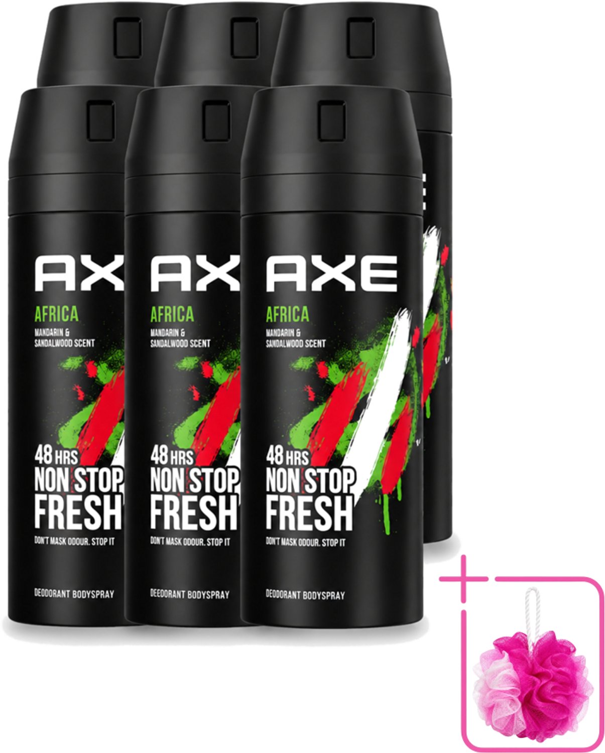 6 x Axe - Deodorant Bodyspray - 48hrs Non Stop Fresh - Africa - Mandarin & Sandalwood - 150 ml - Bulkverpakking - Deodorant sprayer - Douchemop - Geurbeheersing