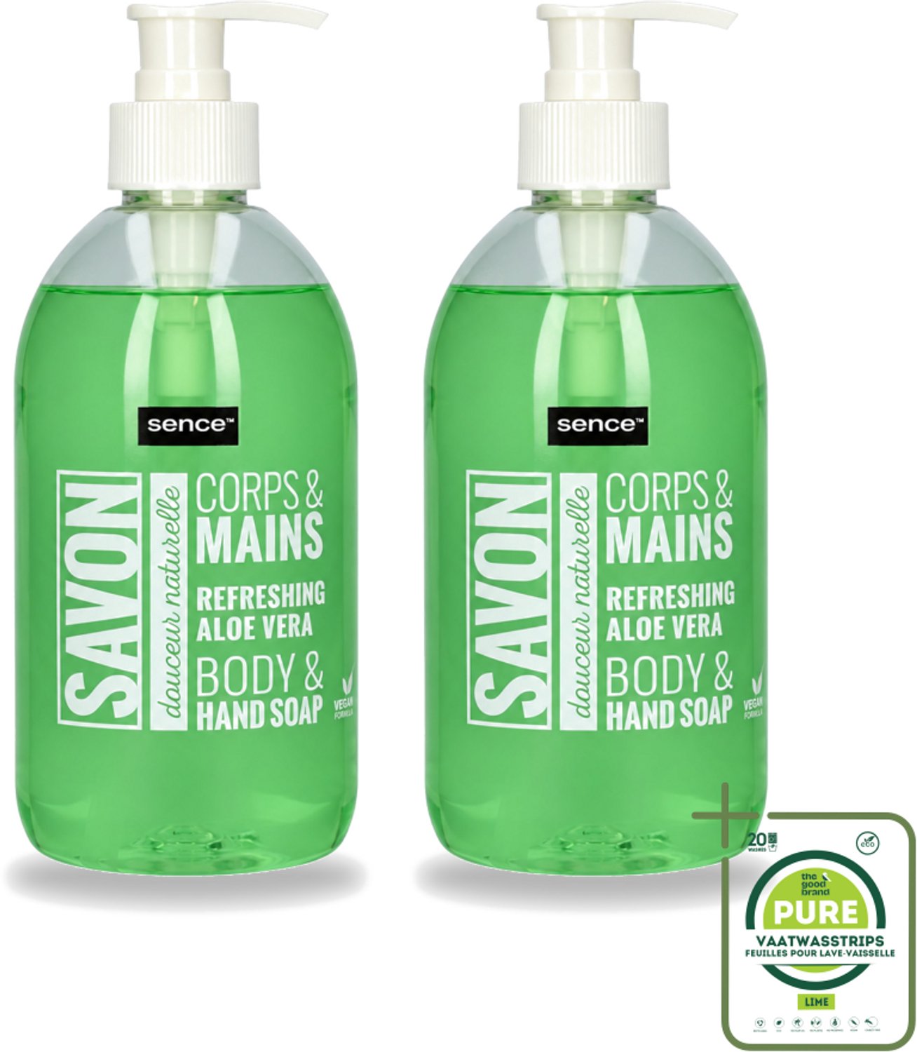 2 x Sence - Refreshing Aloe Vera - Handzeep - Savon - 500 ml - Grootverpakking - Vaatwasstrips - Aloe Vera Handzeep - Handverzorging - Frisse Handen - Hydraterende Handzeep - Mild Handzeep
