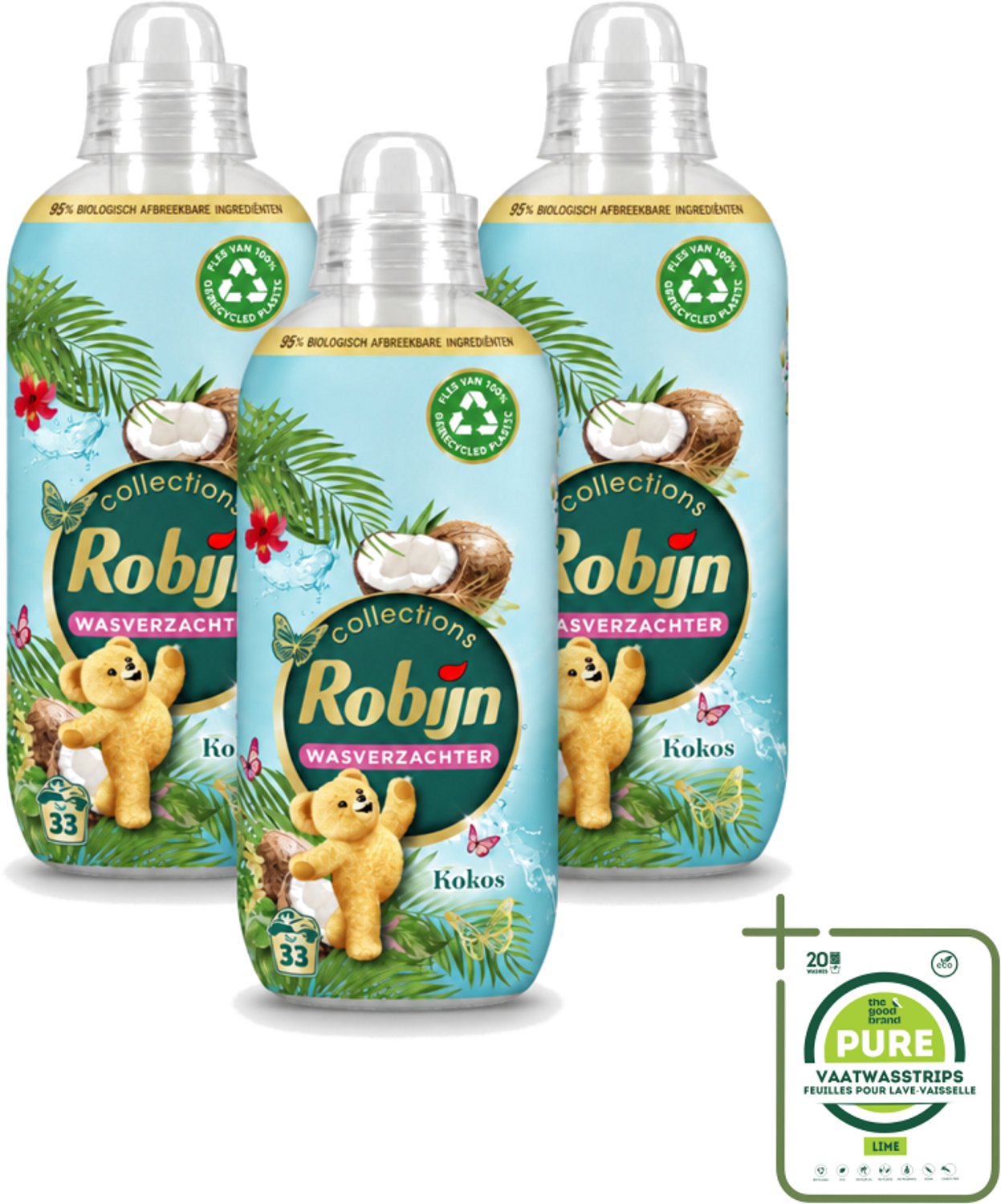 3 x Robijn - Kokos Sensation - Wasverzachter - Tropische Geur - 33 Wasbeurten - 825 ml - Grootverpakking - Vaatwasstrips - Wasverzachter - Kokosgeur - Wasroutine - Zachte Kleding - Tropisch Geur