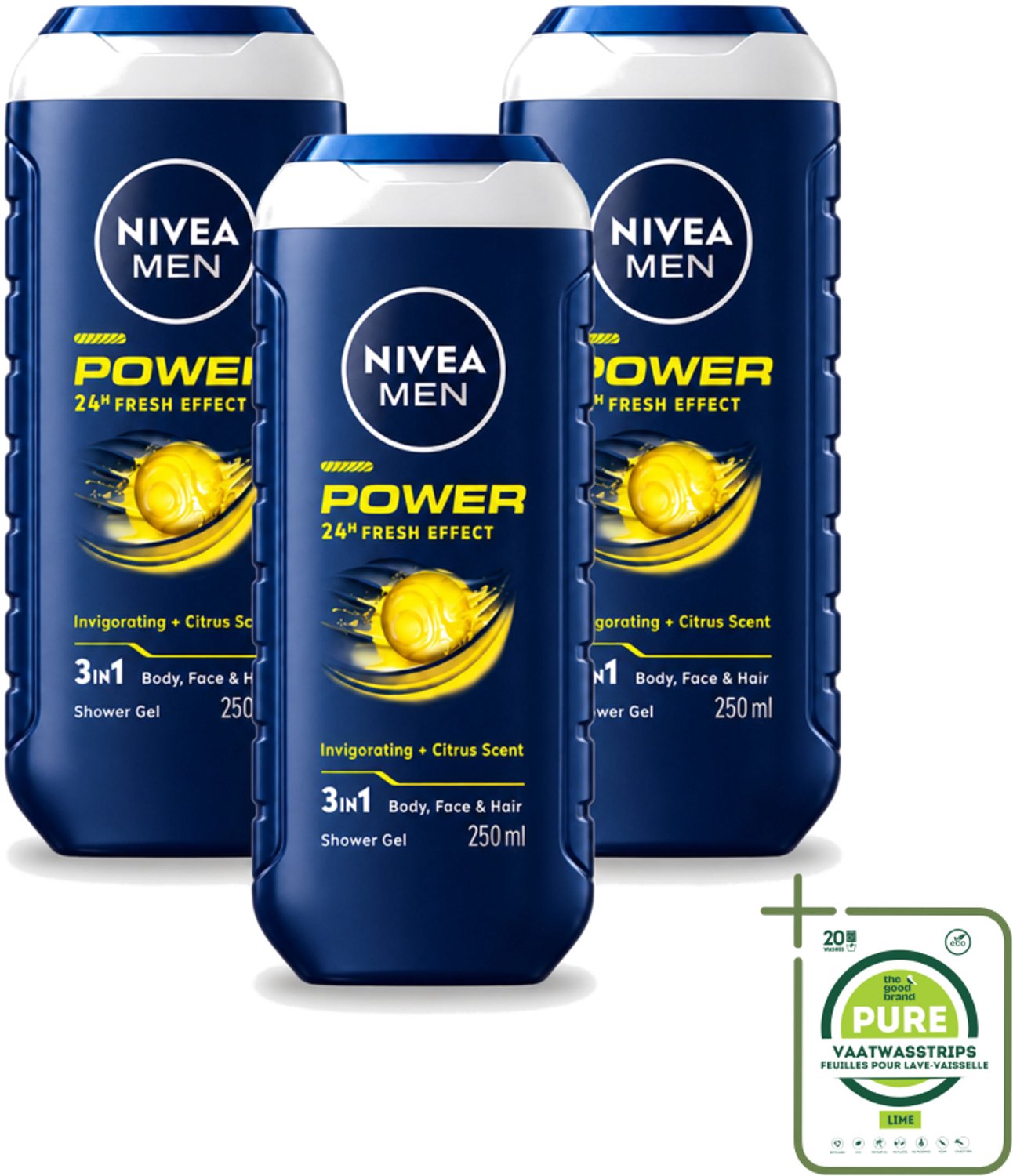 3 x Nivea - Men - Douchegel - Power Refresh - 250 ml - Grootverpakking - Vaatwasstrips - Douchegel Voor Mannen - 3-in-1 Douchegel - Verfrissende Geur - PH-huidneutraal - Gezicht En Haar Verzorging