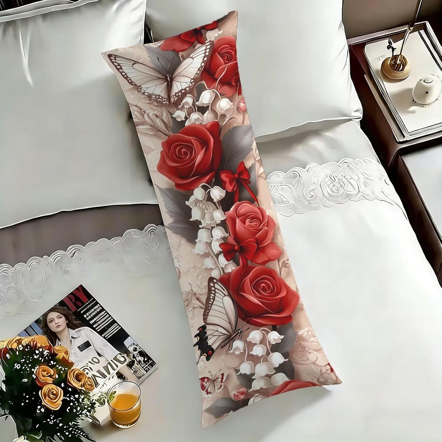 Zijslaapkussen, 40 x 140 cm, bloemenpatroon, lang kussen voor zijslaap, nekkussen, zacht fluweel, lendenkussen voor woonkamer, slaapkamer, bank, bed, U00-842