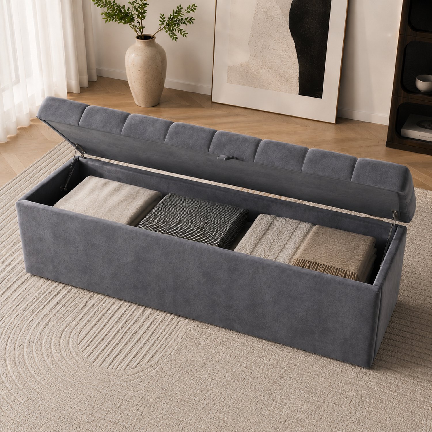 DESMIU Opbergbank 138 x 41 x 42 cm - Gestoffeerde Hocker Met Opbergruimte - Als Bank Aan Het Voeteneinde En Zitbank - Velours Grijs