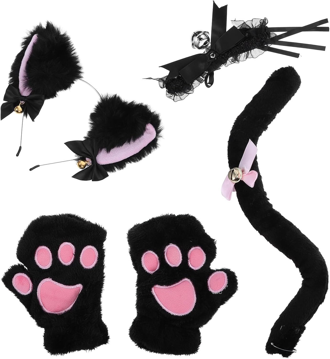 Zwarte Kattenoor Hoofdband Set met Staart Bel Halsband voor Vrouwen Lichtgewicht Ademend Kattenkostuum Accessoire voor Halloween Cosplay Feestelijke Gelegenheden