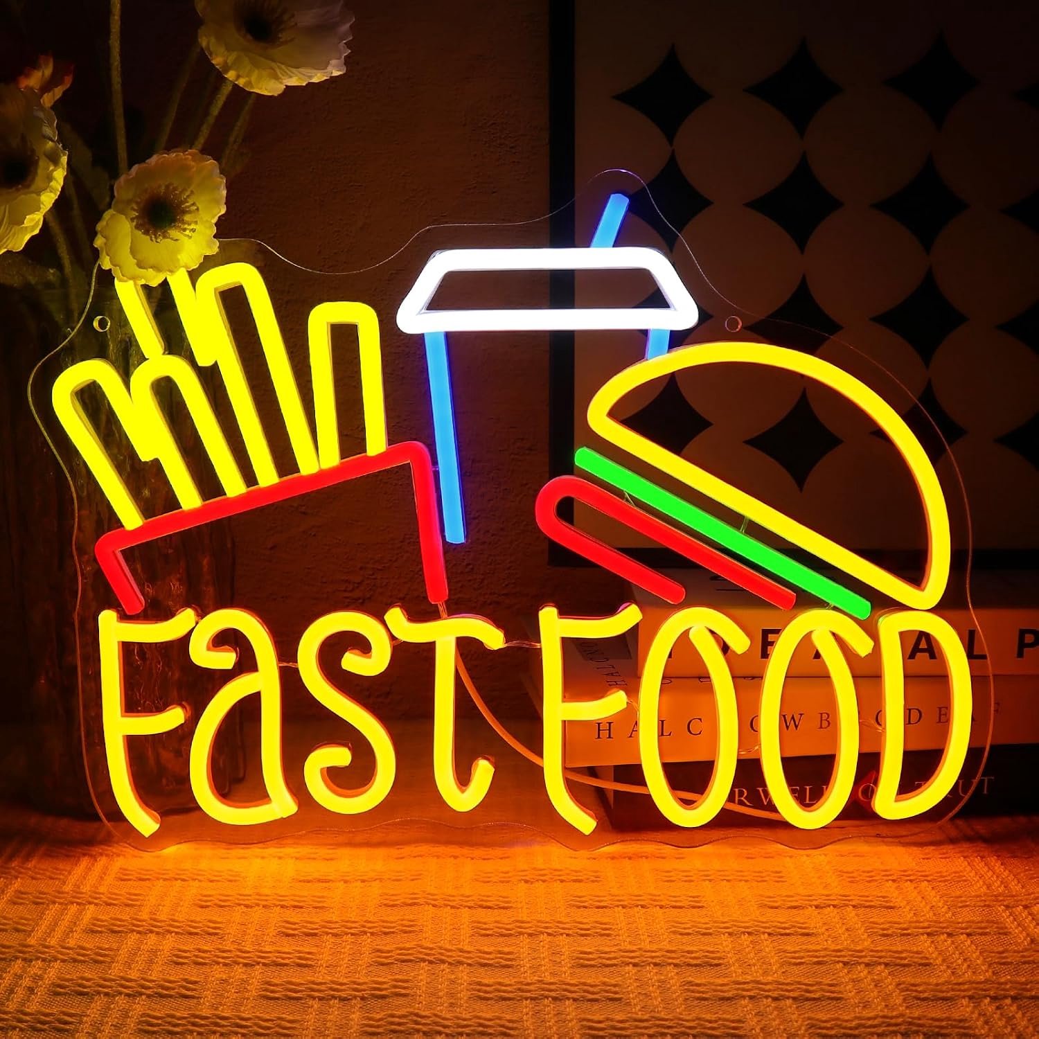 Fast Food Neonbord voor Muurdecoratie - Hamburger Neonlicht Franse Frietjes Dimbaar USB Led Bord voor Hamburgerwinkel Voedselvrachtwagens Zakelijke Keuken Drankbar Restaurant Thuisfeest