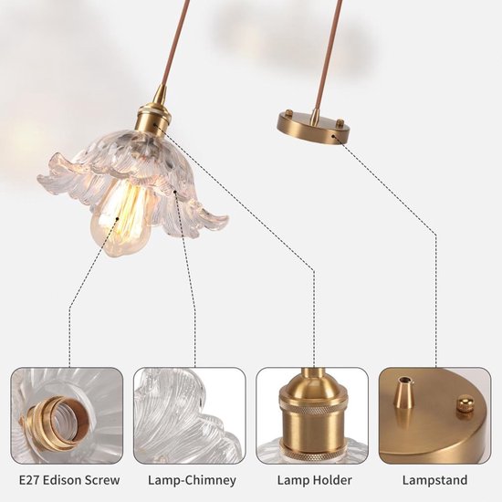 Set van 2 vintage glazen hanglamp E27 creatieve bloemenkroonluchter glazen lampenkap hanglamp voor keuken eetkamer slaapkamer — afbeelding 3