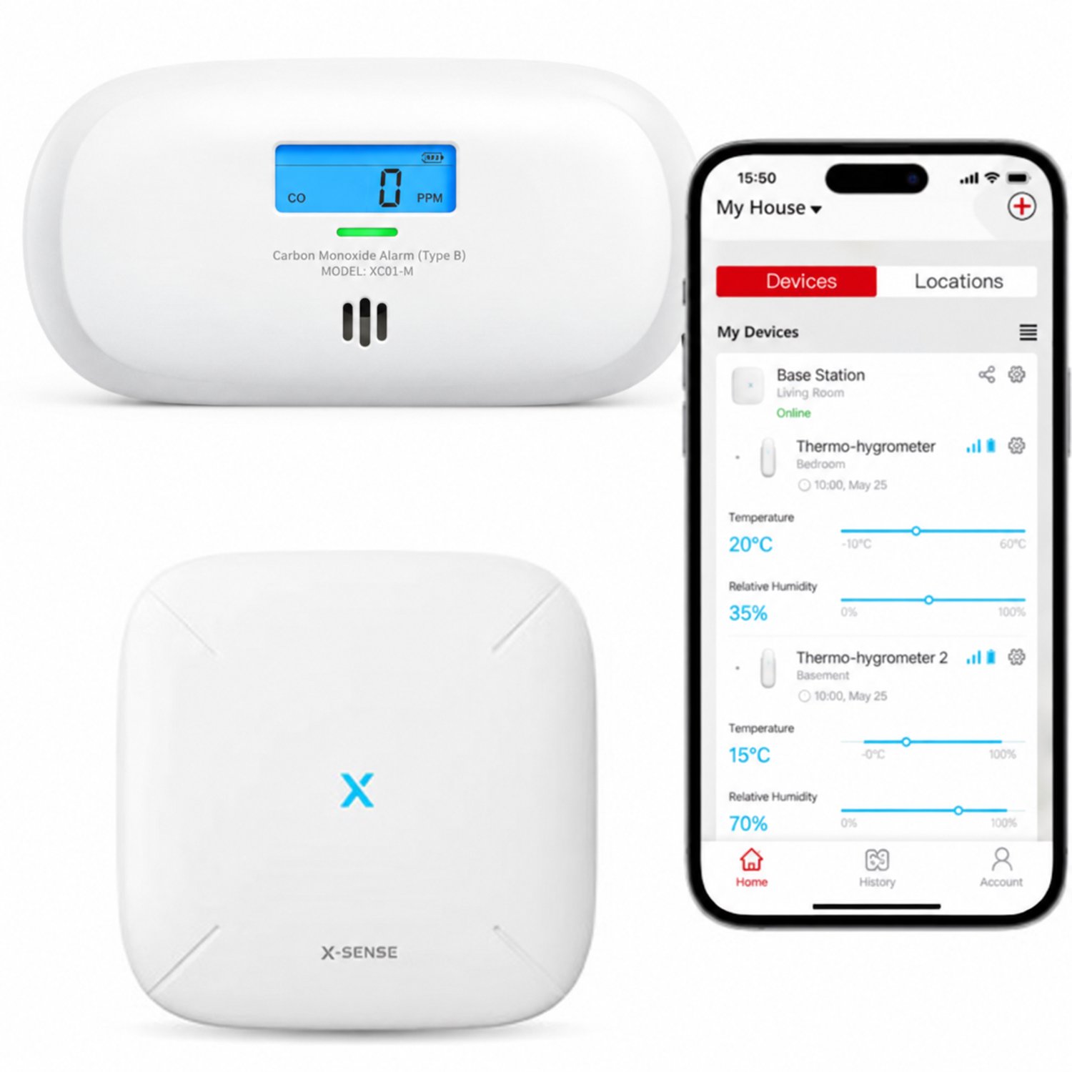 X-Sense Slimme koolmonoxidemelder bundel met WiFi - 1 XC0C-MR CO melder en 1 SBS50 Base Station - Link+ Pro - Werkt via app - Draadloos RF koppelbaar - LCD Display