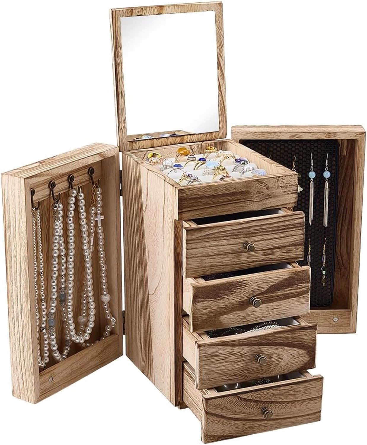 Sieradenkistje voor dames - 5 vakken - rustiek hout - opbergdoos met spiegel - ShopVlot