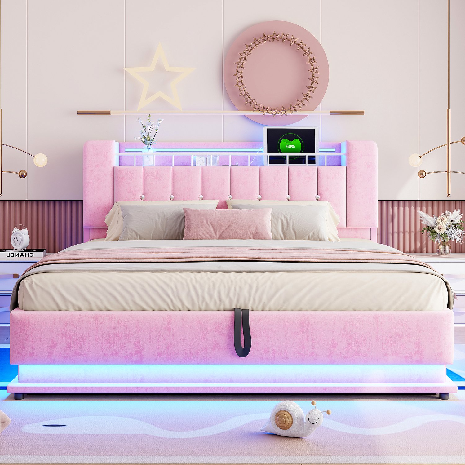 Merax Gestoffeerd bed 180 x 200 cm - met LED-verlichting - USB-poort en opbergruimte - metalen frame - roze - zonder matras